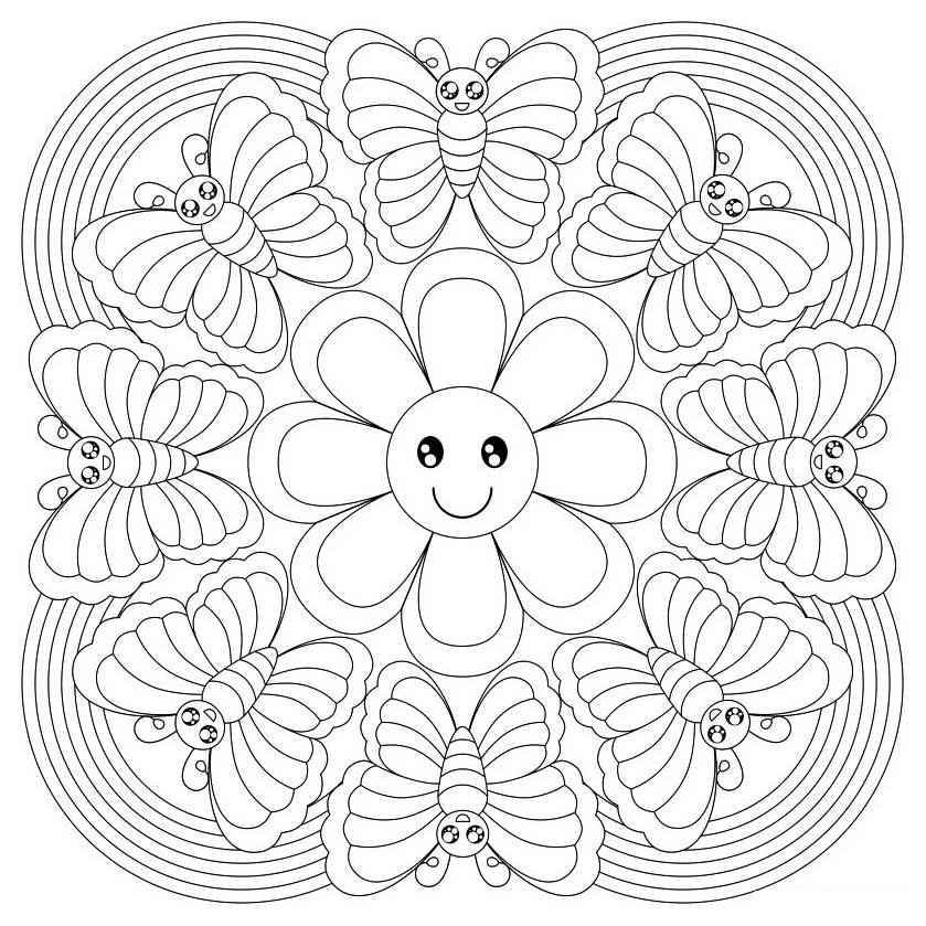 Hier ist ein sehr originelles Ausmalbild von einem Mandala mit Schmetterlingen und einer schönen kleinen Blume in der Mitte.