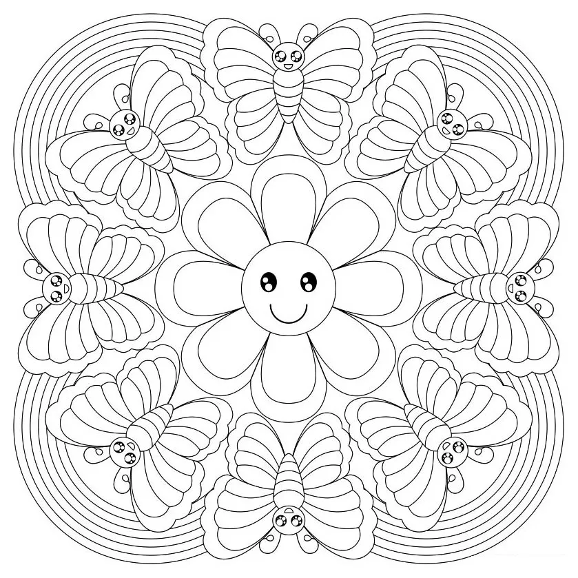 Ausmalen-mandala-gratis-kleine-blume-und-schmetterlinge (Thematische Mandalas : <b>Blumen & Vegetation</b>)