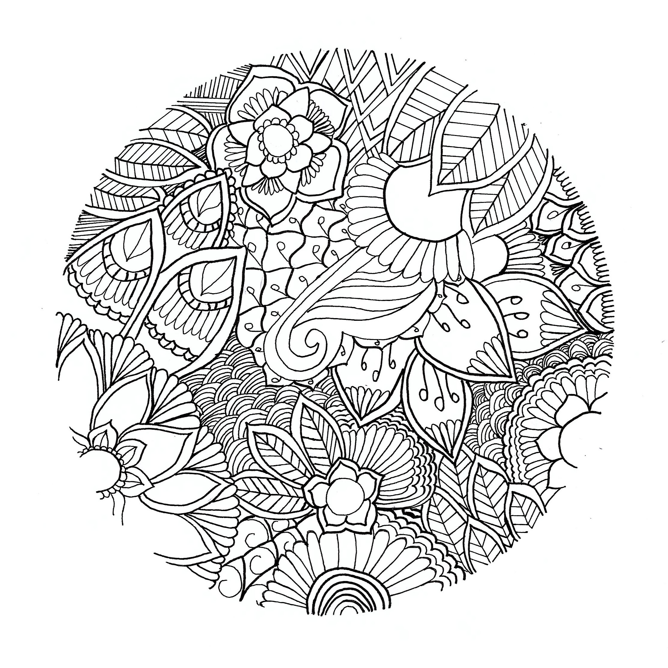 Ein originelles Blumenmandala, das sehr leicht und konturlos ist! Von Chloé. Es handelt sich um einen Kreis, in den realistisch gezeichnete, nicht symmetrische Blumen integriert sind.