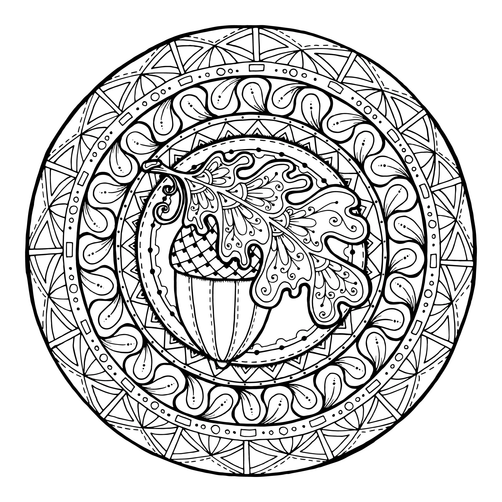 Mandala mit einer hübschen Eichel in der Mitte (Thematische Mandalas : Blumen & Vegetation)