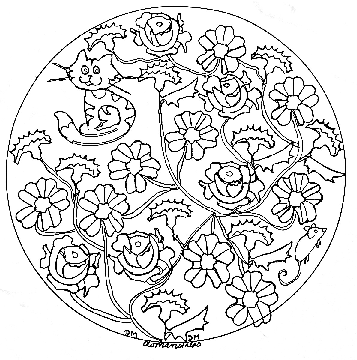 Pflanzliche Elemente passen oft sehr gut zu Mandalas, so auch bei diesem eleganten Ausmalbild. Die Blumen sind sehr realistisch und handgezeichnet.