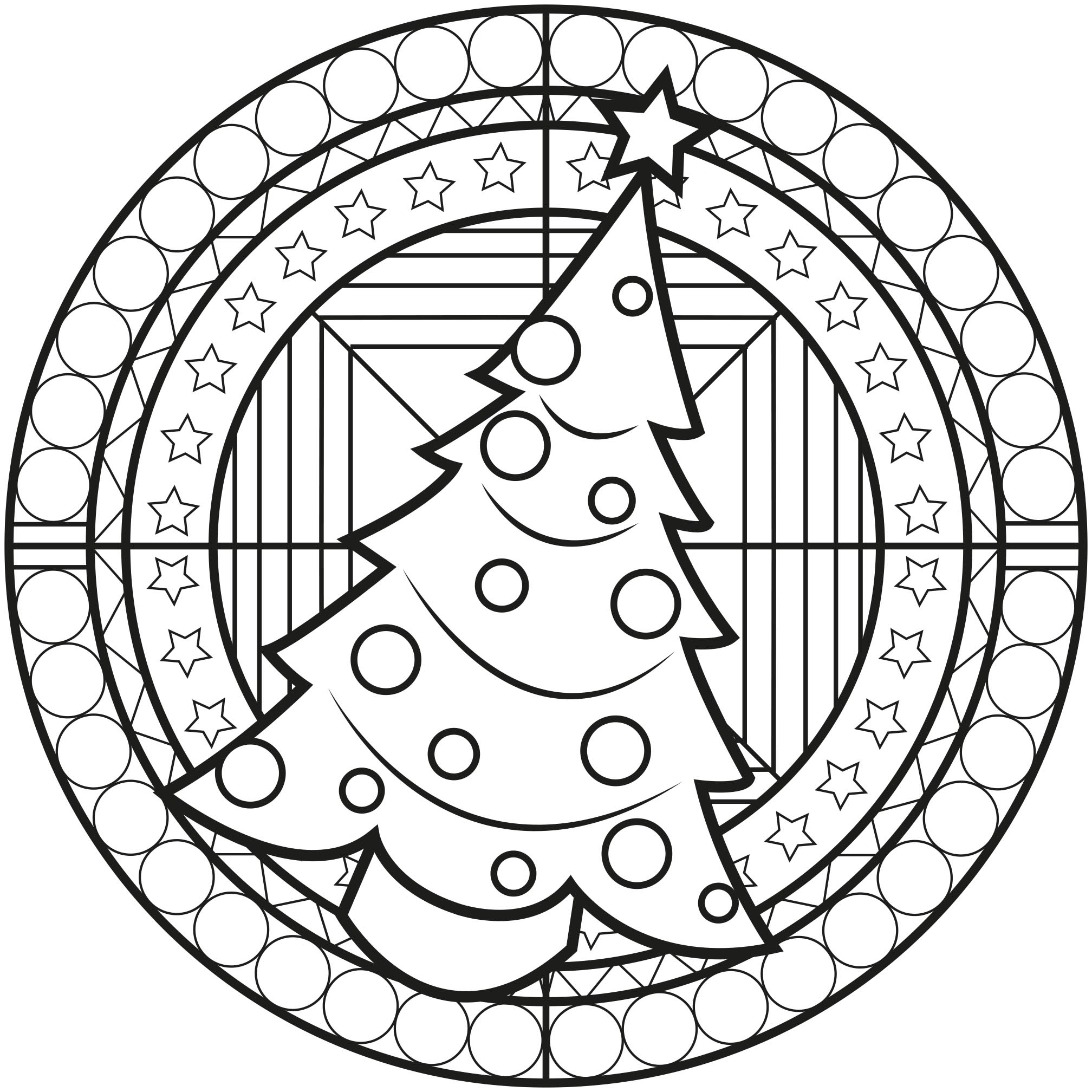 Weihnachtsbaum in einem Mandala mit hübschen Motiven. Ein perfektes Ausmalbild für Kinder.