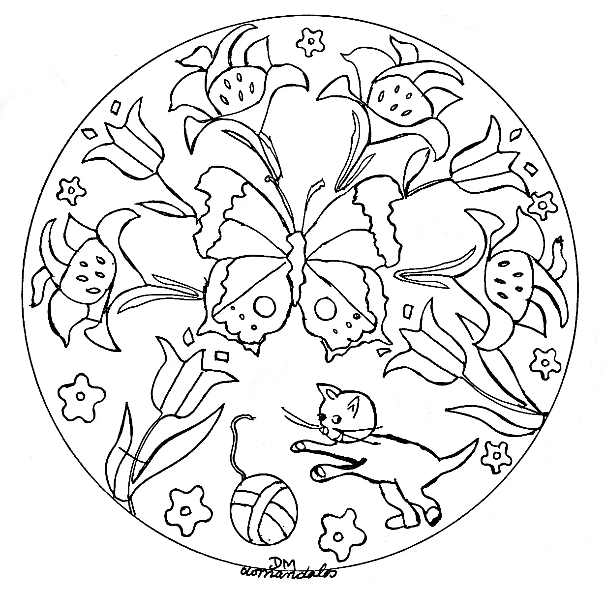 Mandala mit Blättern, Blumen und Schmetterlingen (Thematische Mandalas : Blumen & Vegetation)