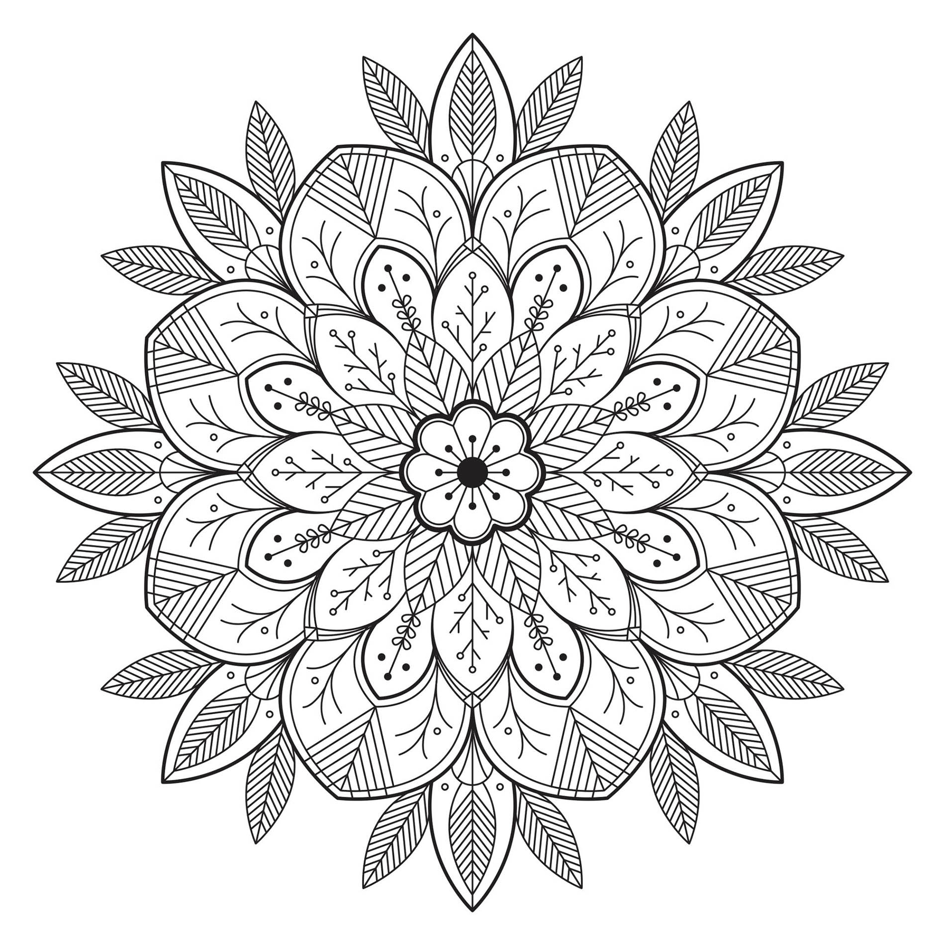 Mandala mit sehr realistischen Blumen und Blättern. Integrieren Sie die Farben, die Sie bevorzugen! Dies ist laut unseren Zählern eines der beliebtesten Mandalas auf der Website!