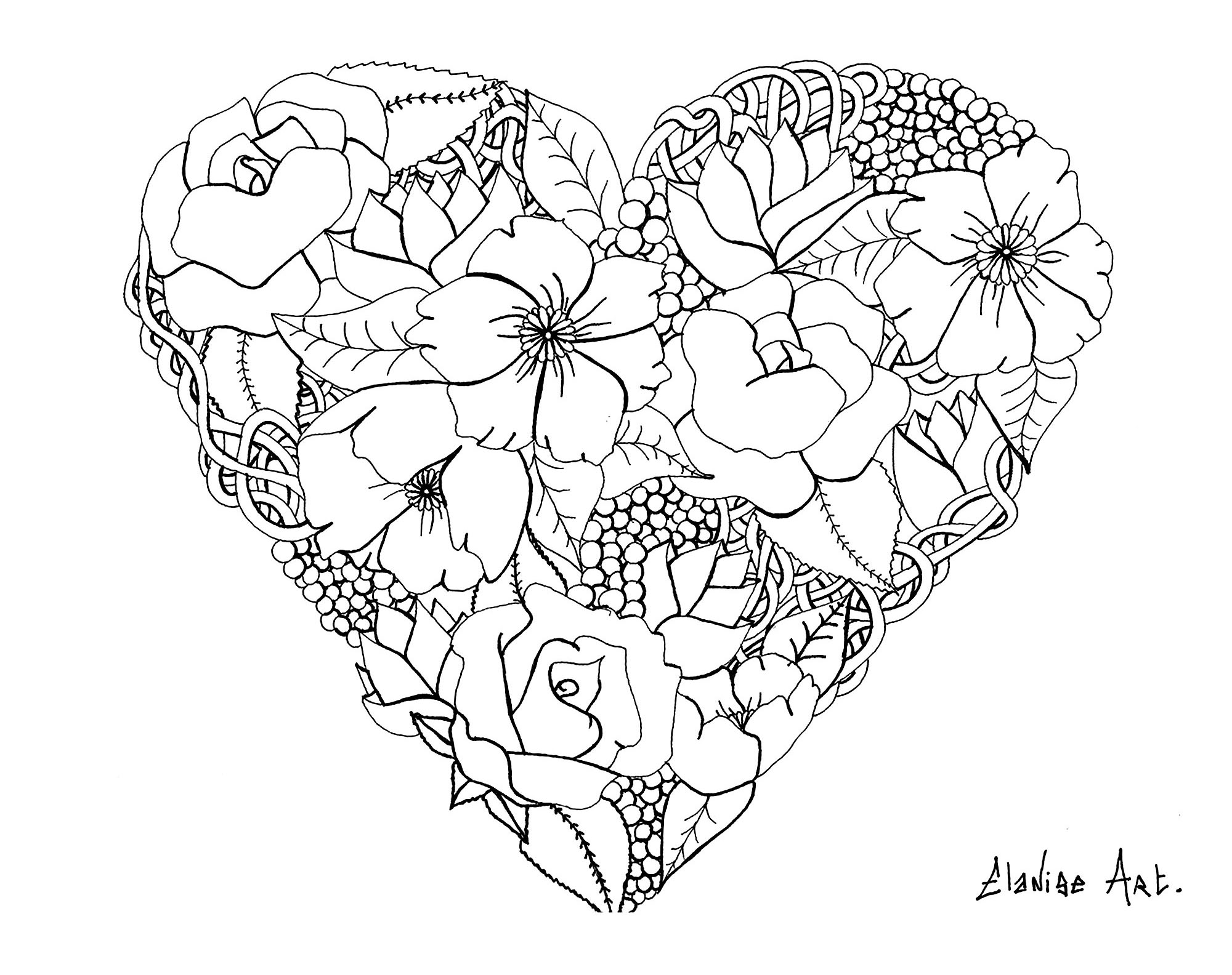 Hübsches Blumenherz von Elanise. Dies ist kein richtiges Mandala, sondern ein Ausmalbild, das aus einem Herz mit realistischen Blumen besteht.