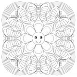 Hier ist ein sehr originelles Ausmalbild von einem Mandala mit Schmetterlingen und einer schönen kleinen Blume in der Mitte (Thematische Mandalas : Blumen & Vegetation)