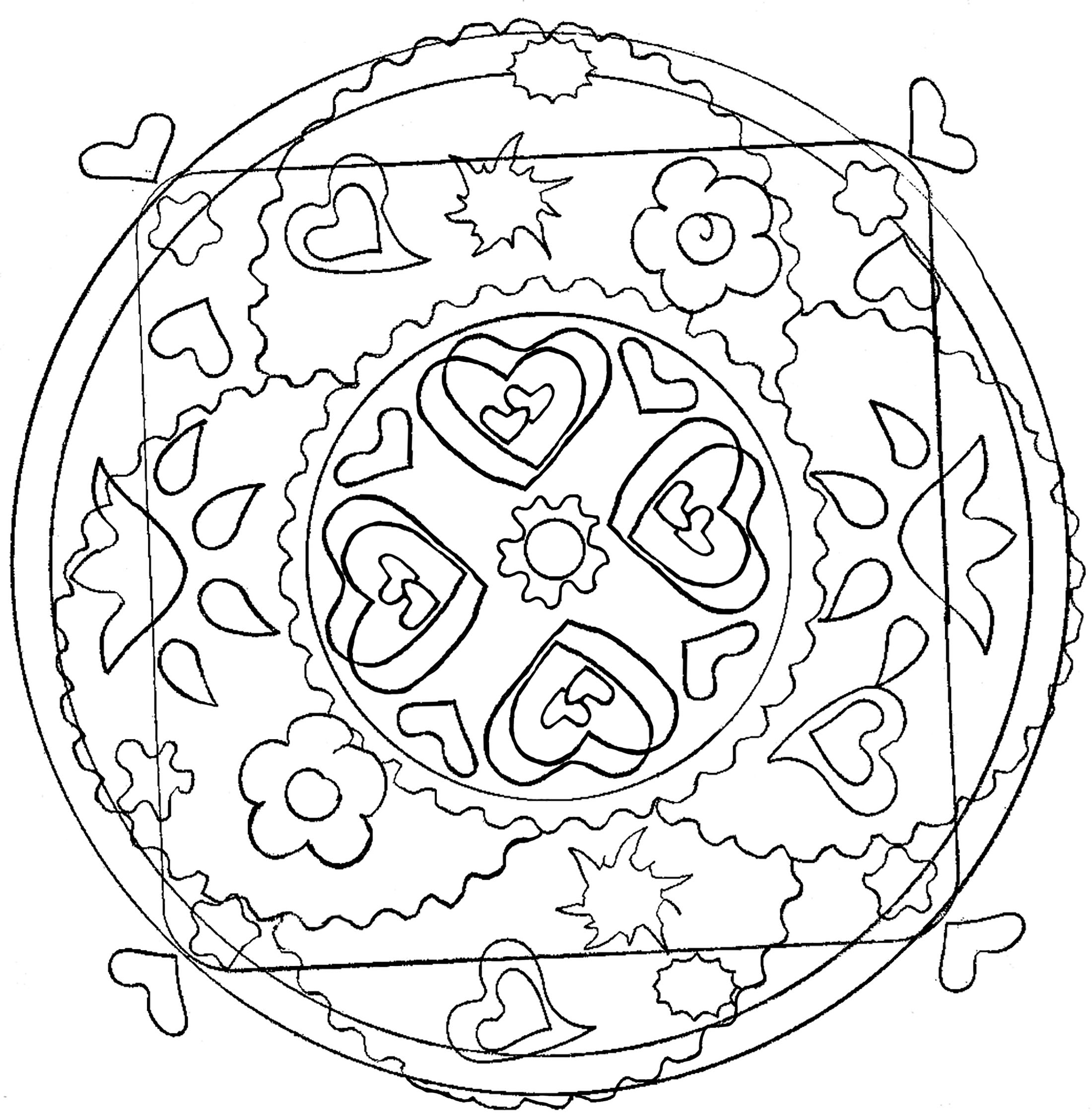 Ein Ausmalbild von Mandala für die Jüngsten, niedriger Schwierigkeitsgrad. Große Flächen, die leicht auszufüllen sind.