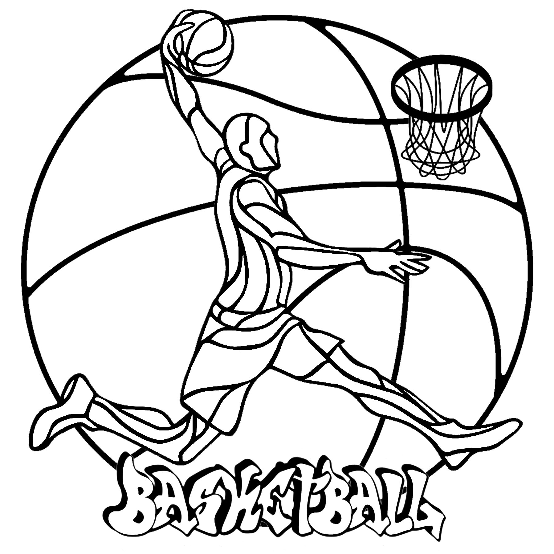 Ein einfaches Mandala zum Thema Basketball, mit einem Basketballspieler, einem Ball, einem Korb und dem Tag 'Basketball', Künstler : Art'Isabelle