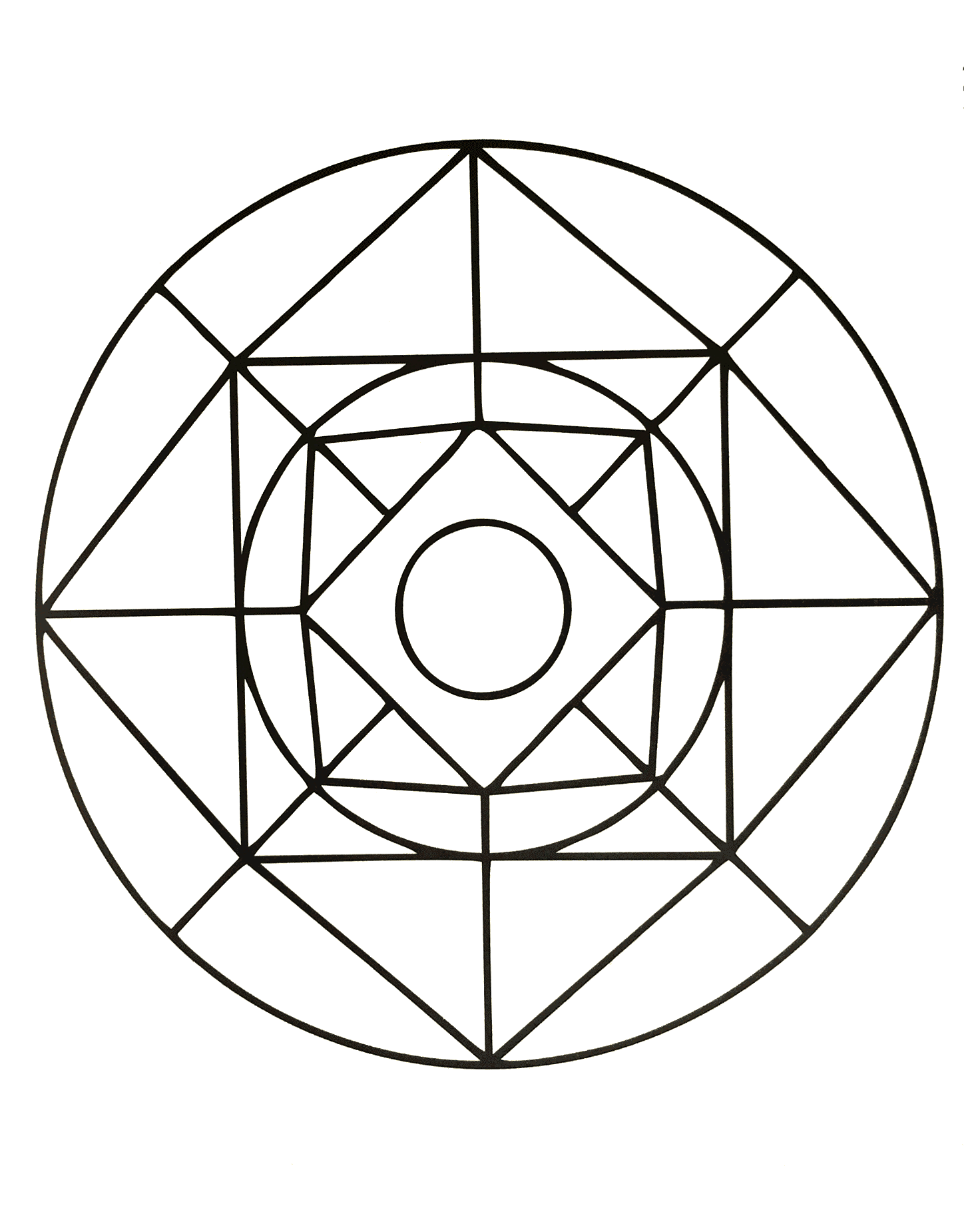 Schönes Mandala in geometrischer Form mit mehreren Quadraten und einem Kreis in der Mitte. Ziemlich einfach auszumalen.