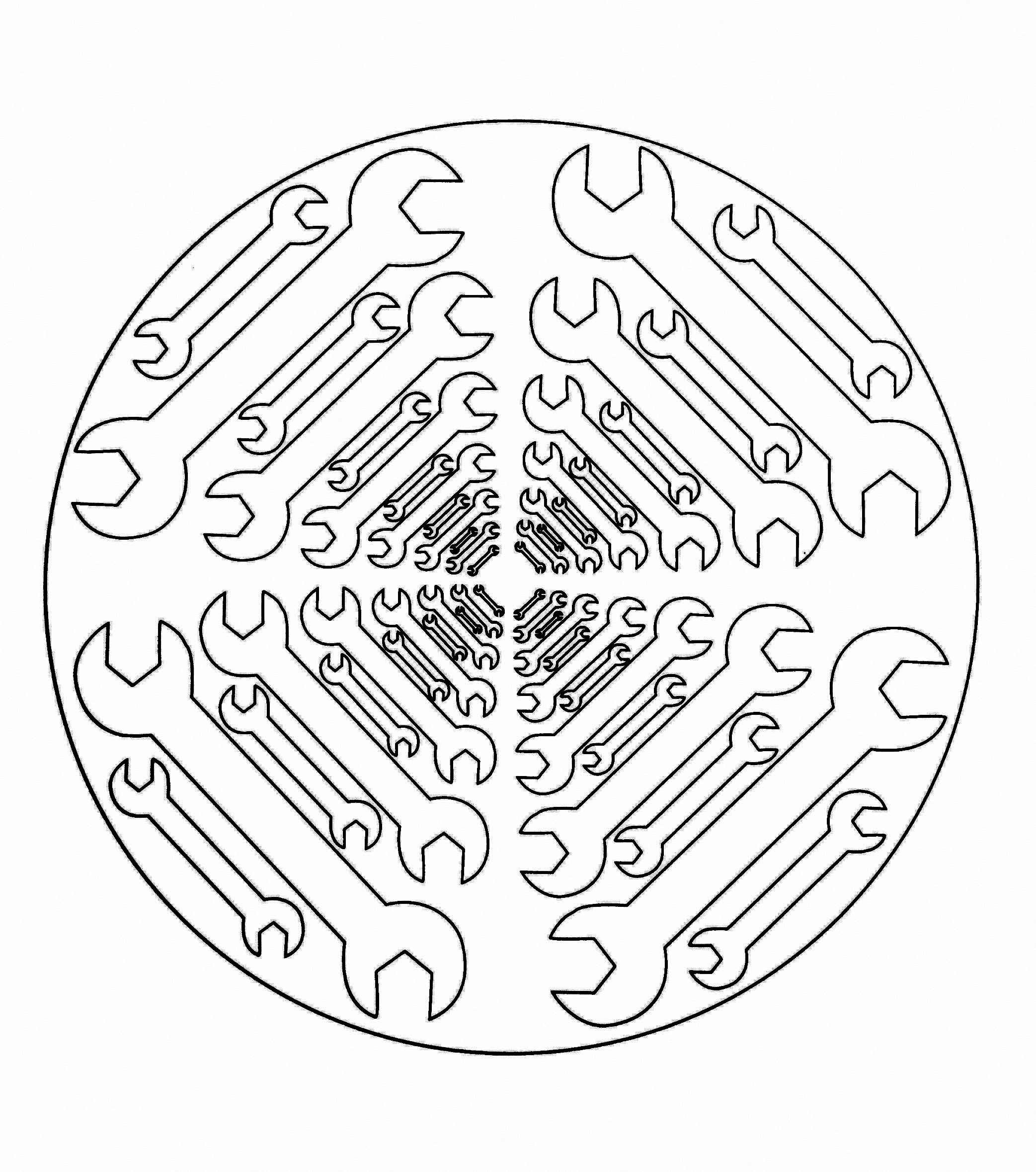 Wunderschönes Mandala zum Ausdrucken, auf dem mehrere Schraubenschlüssel abgebildet sind.