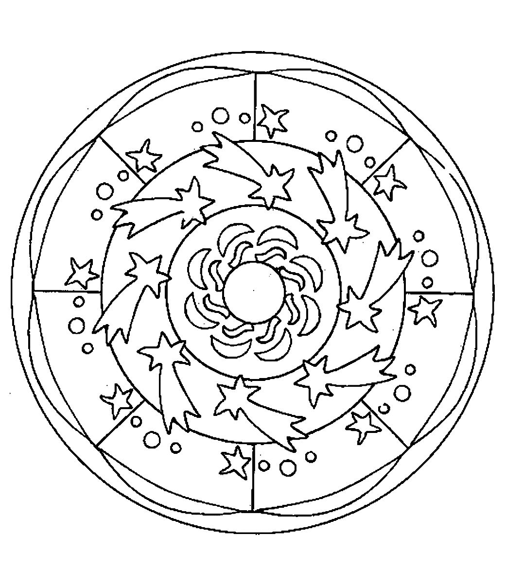 Ausmalbild Mandala im Stil 'Weltraum' mit sehr schönen Sternen, die im Kreis verteilt sind. Einfach auszumalen.
