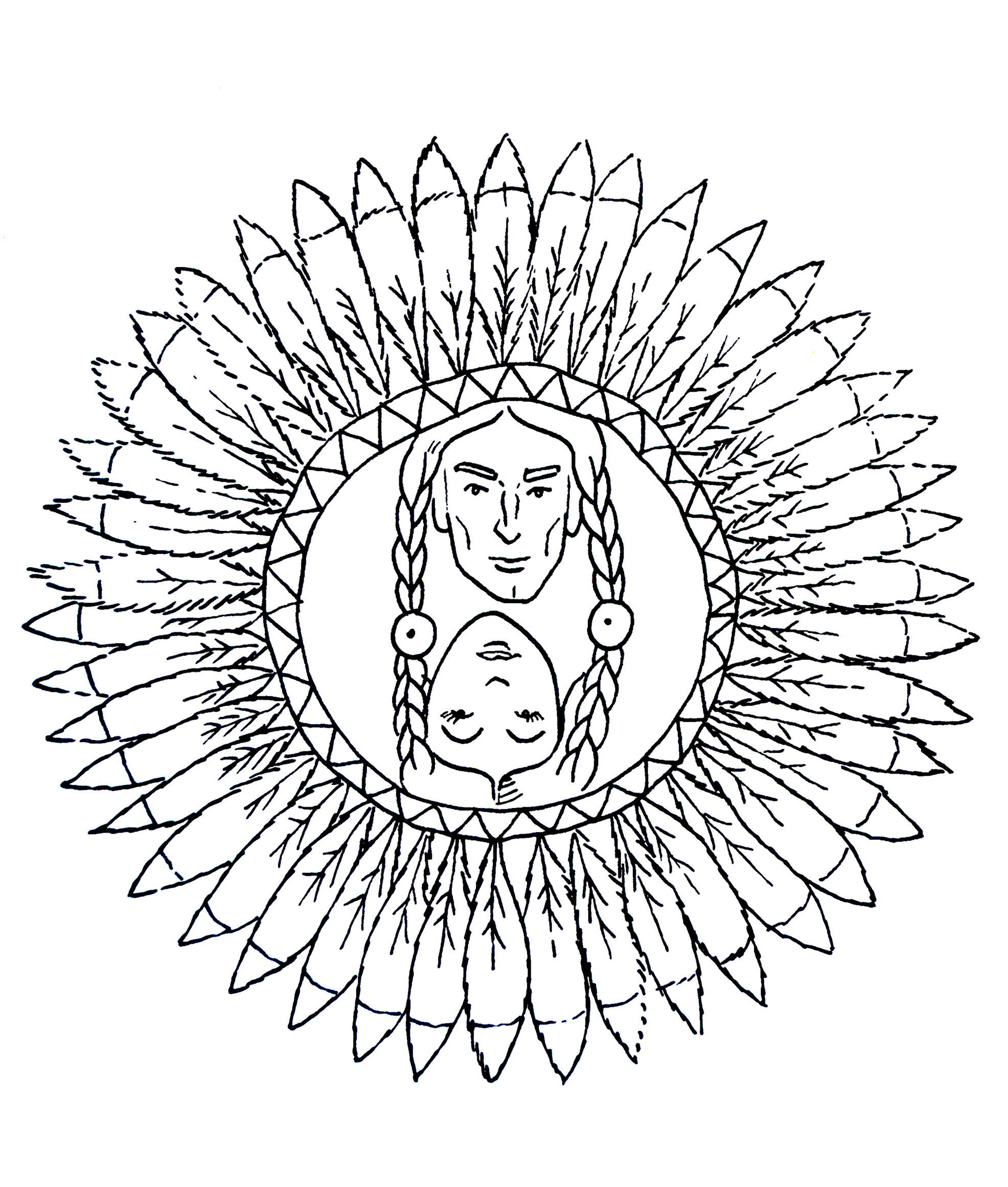 Außergewöhnliches Mandala im Stil der 'amerikanischen Indianer'. Ziemlich einfach zum Ausmalen.