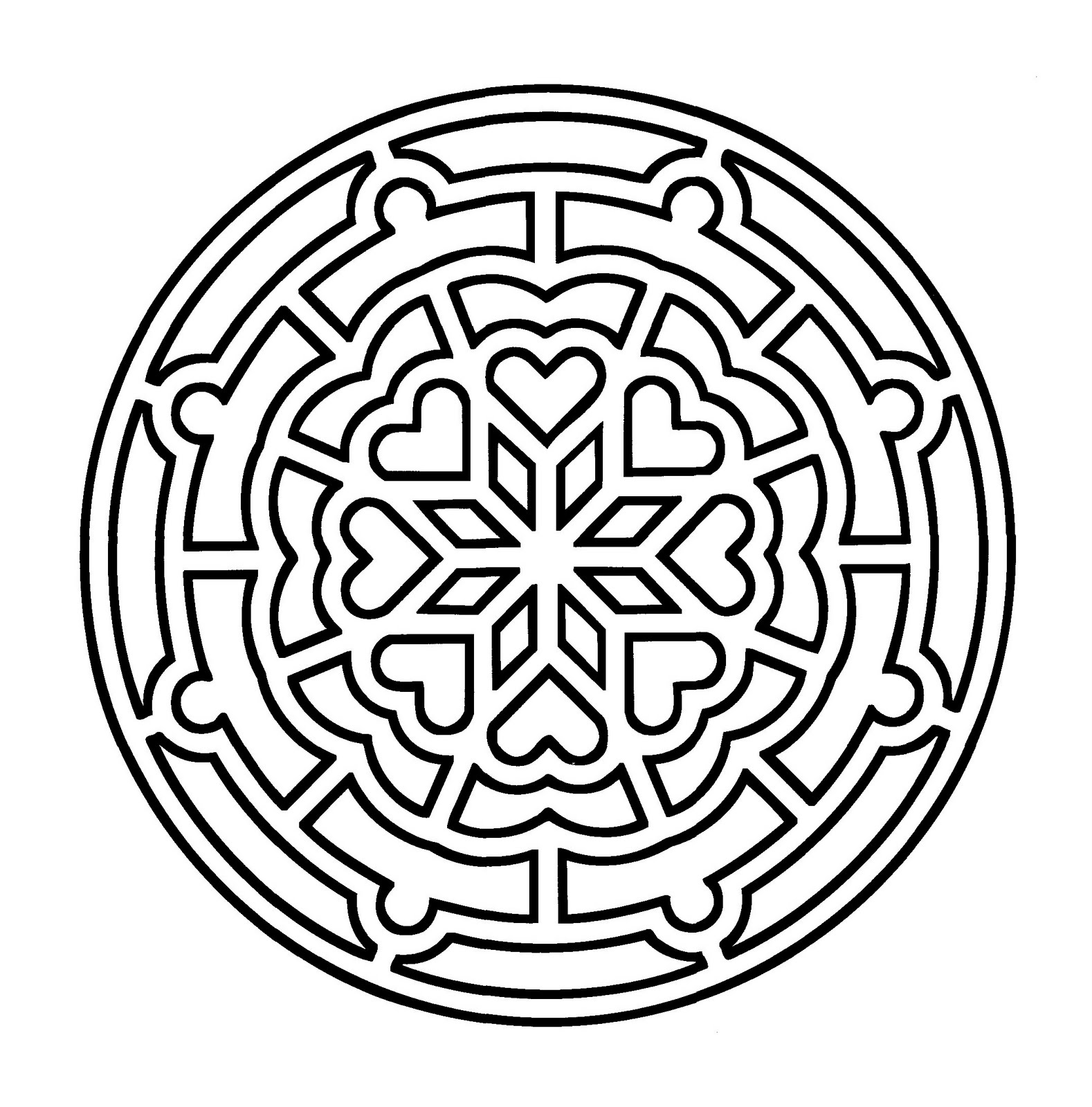Mandala zum Ausmalen in geometrischer Form mit Herzen in der Mitte.