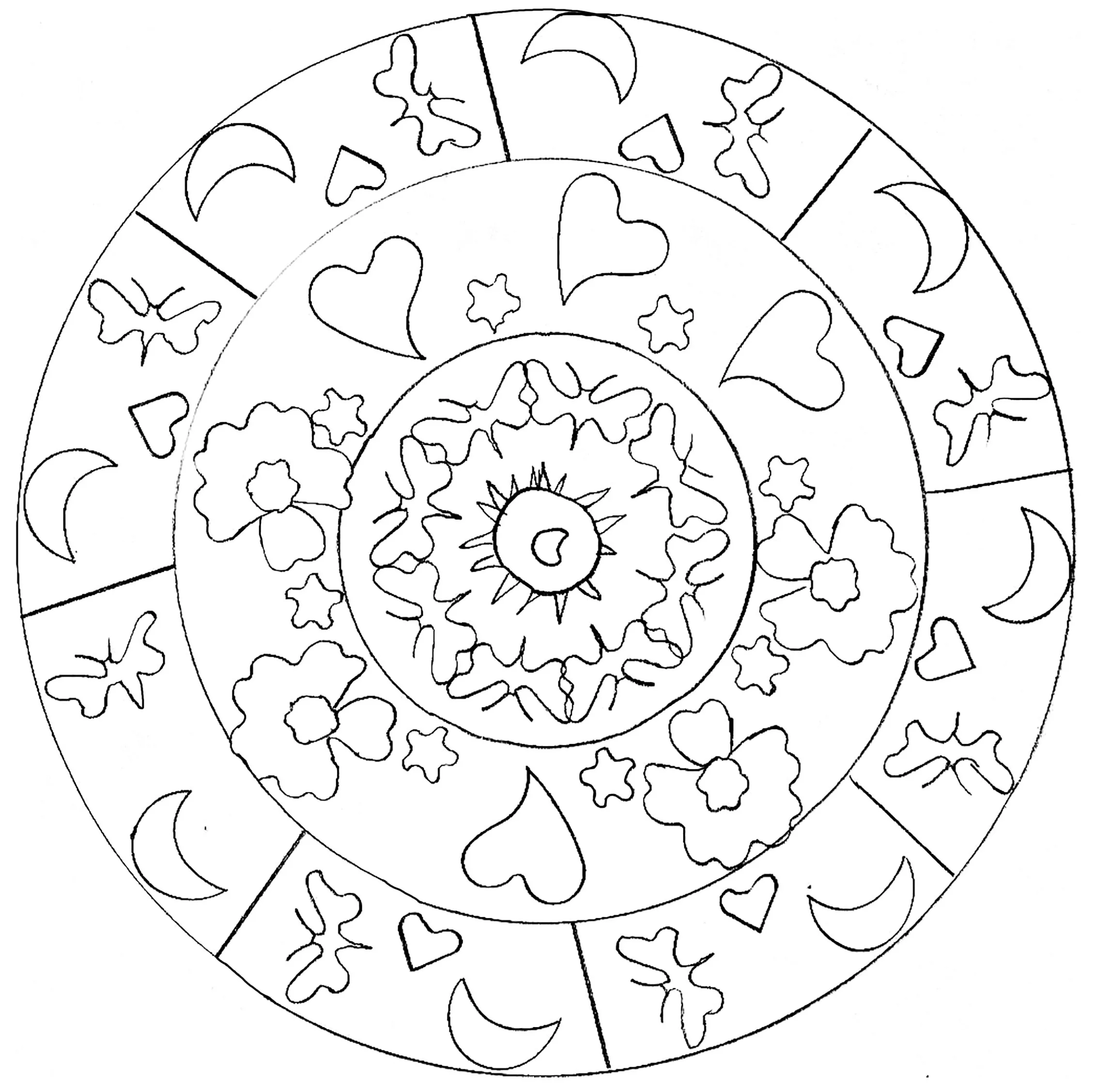 Schönes einfaches Mandala mit Herzen und Monden (Schwierigkeitsgrad Mandalas : Einfach (für Kinder))