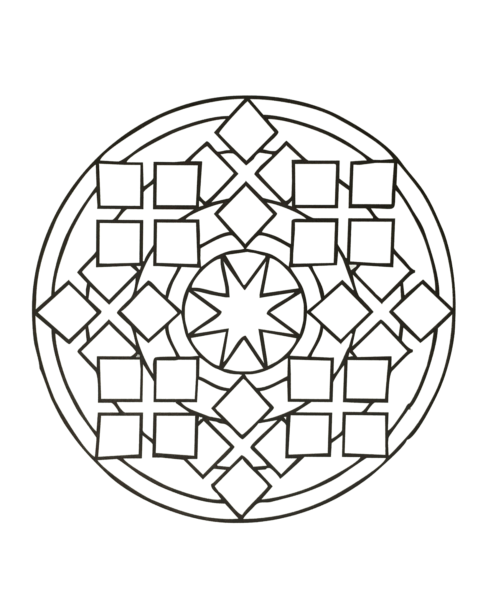 Geometrisch geformtes Mandala, in dem verschiedene geometrische Formen (Quadrate, Rauten, Sterne, Kreise) abgebildet sind.