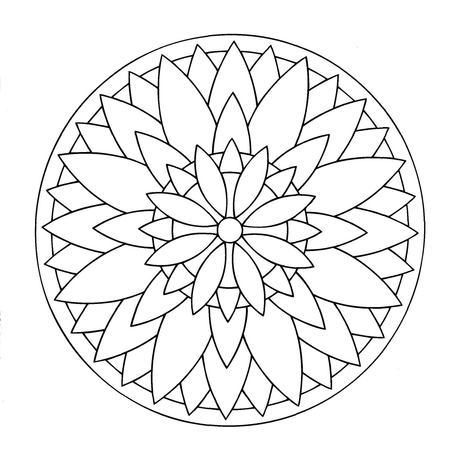 Mandala-Zeichnung mit Spiralen, die eine große Blume darstellt. Einfach zum Ausmalen.