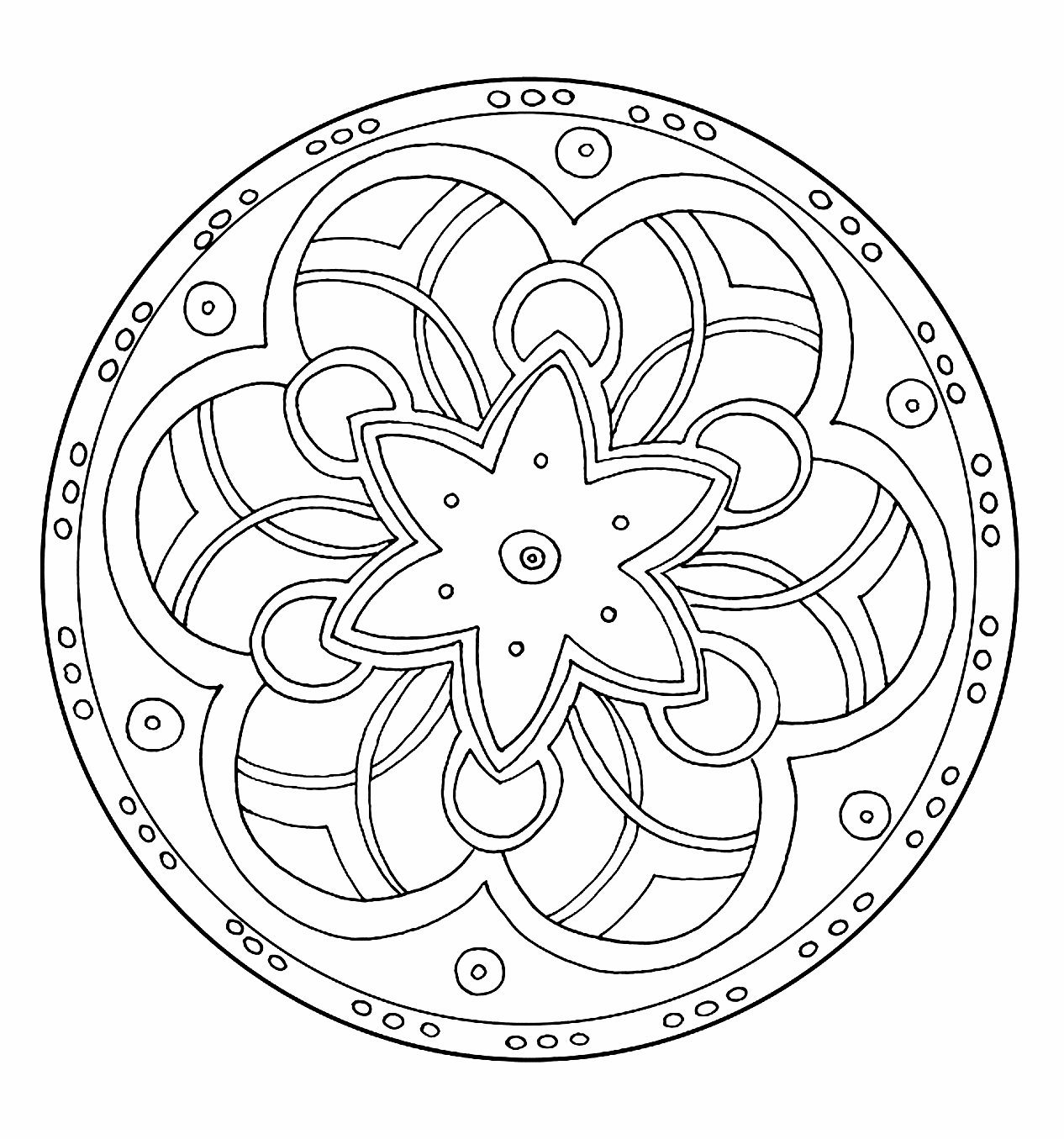 Mandala zum Ausmalen mit Spiralen und einem wunderschönen Stern in der Mitte.