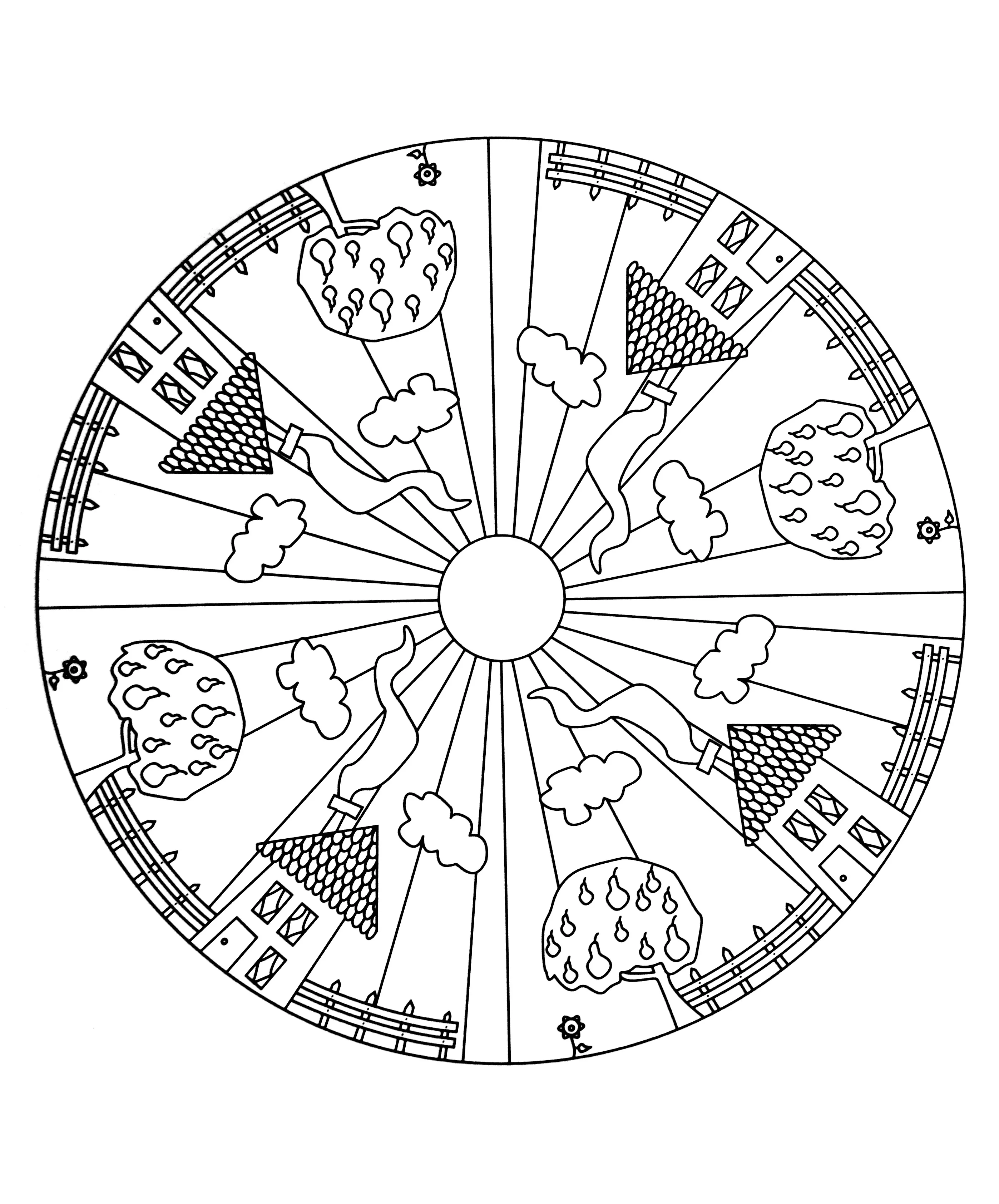 Mandala kleine Häuser und Bäume (Schwierigkeitsgrad Mandalas : Einfach (für Kinder))