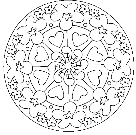 Mandala Blumen und Herzen (Schwierigkeitsgrad Mandalas : Einfach (für Kinder))