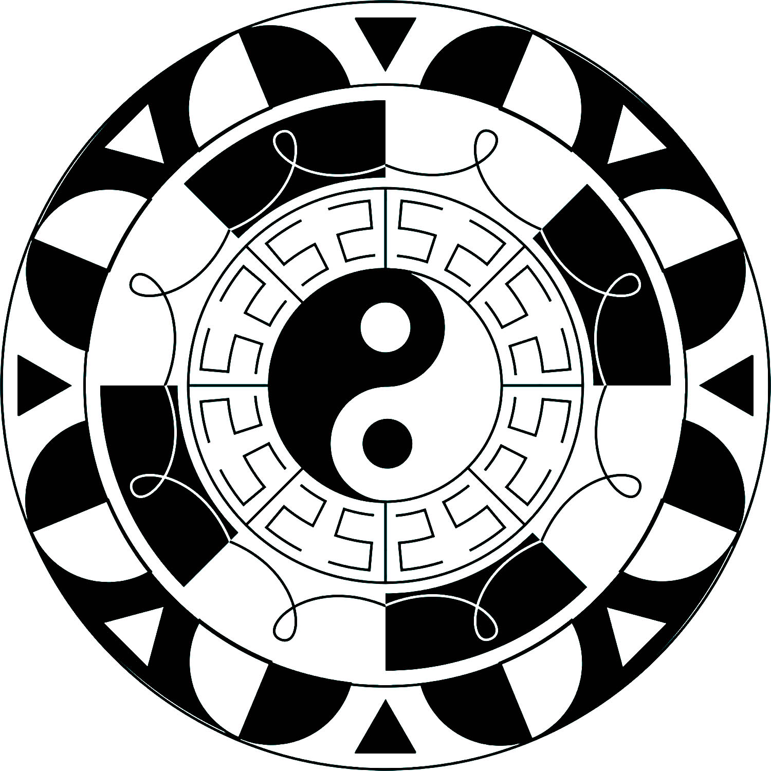 Einfaches Mandala mit Yin & Yang-Symbol in der Mitte und schwarzen und weißen Elementen