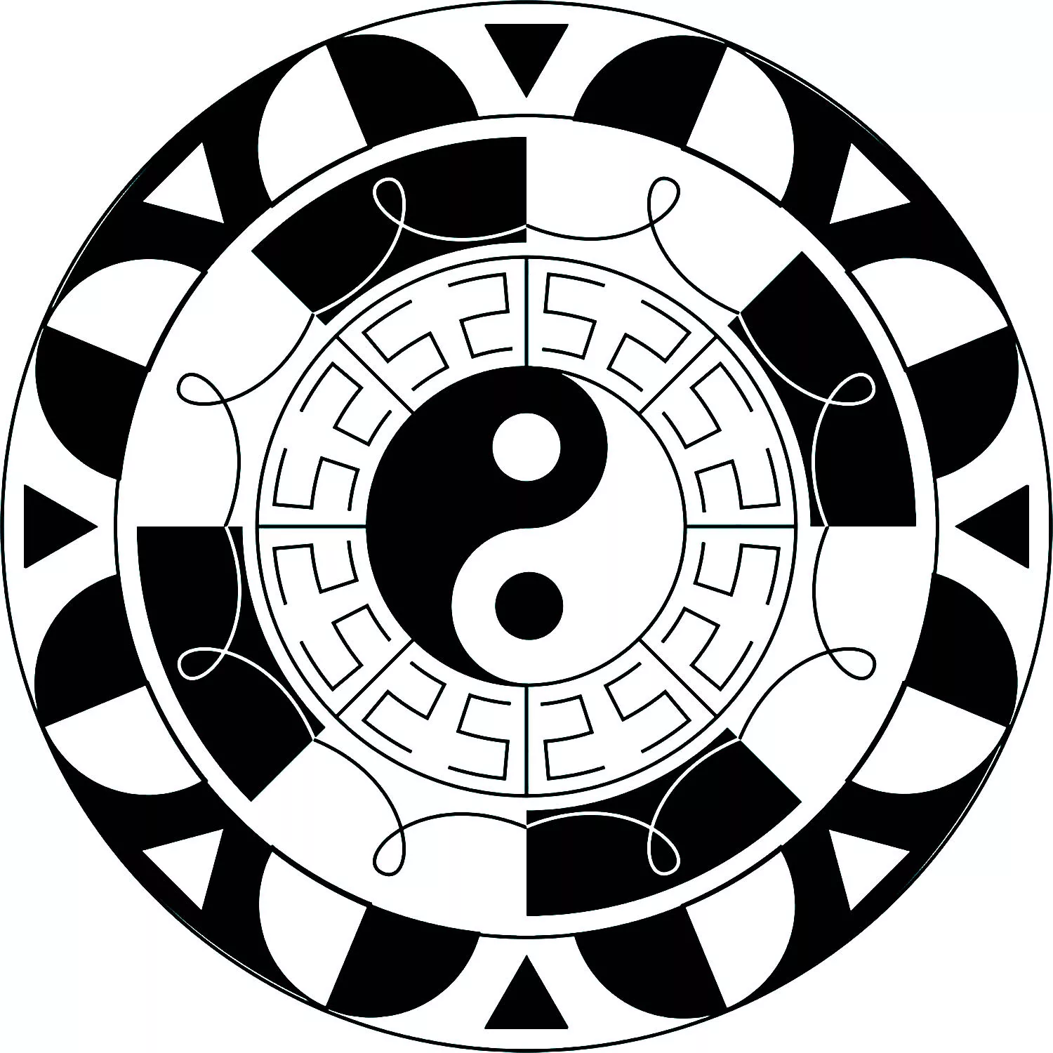 Das Symbol von Yin & Yang in einem einfachen Mandala (Schwierigkeitsgrad Mandalas : Einfach (für Kinder))
