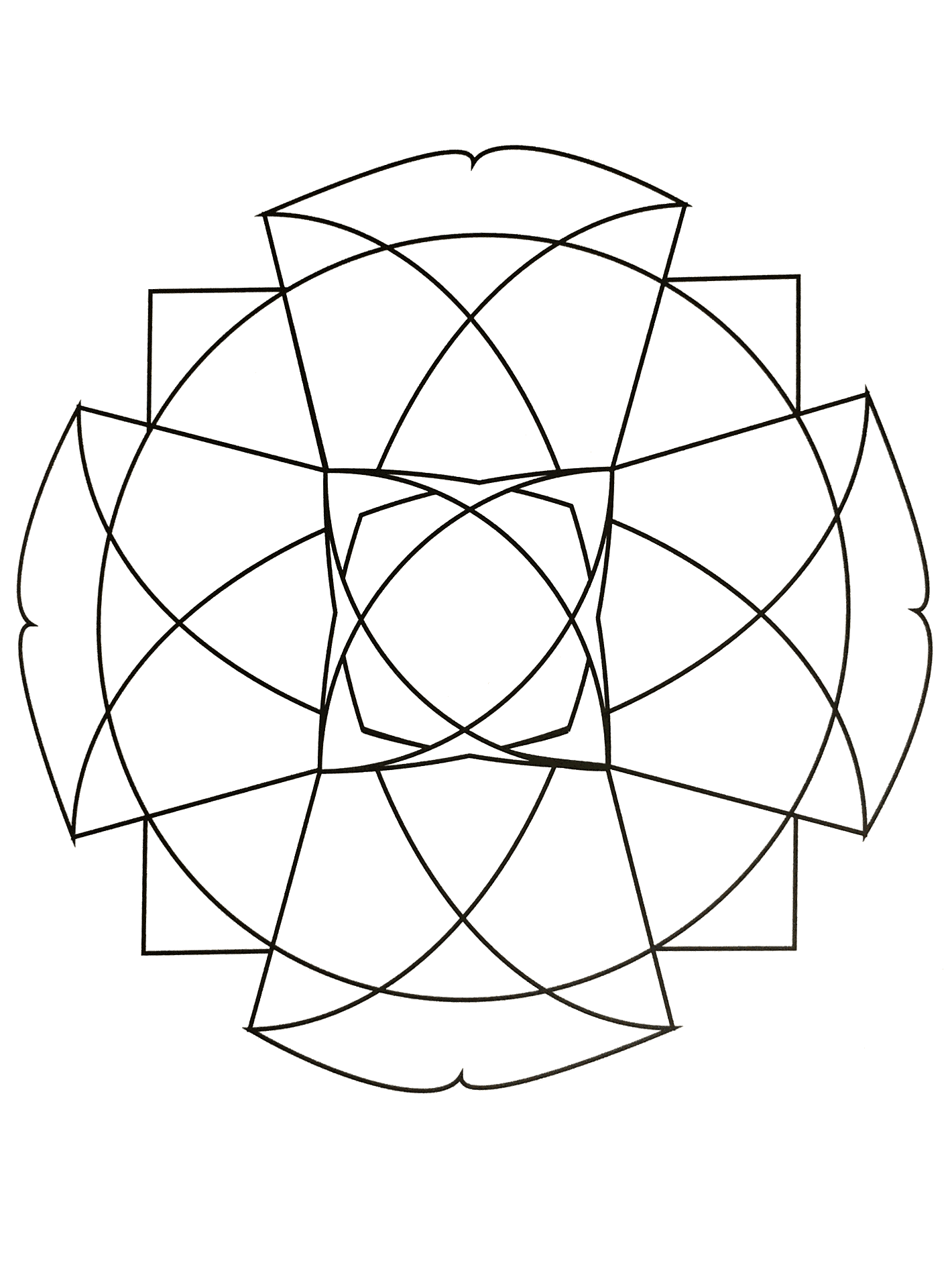 Mandala zum Ausdrucken, das ein großes Kreuz sowie andere geometrische Formen (Dreieck, Raute...) darstellt.