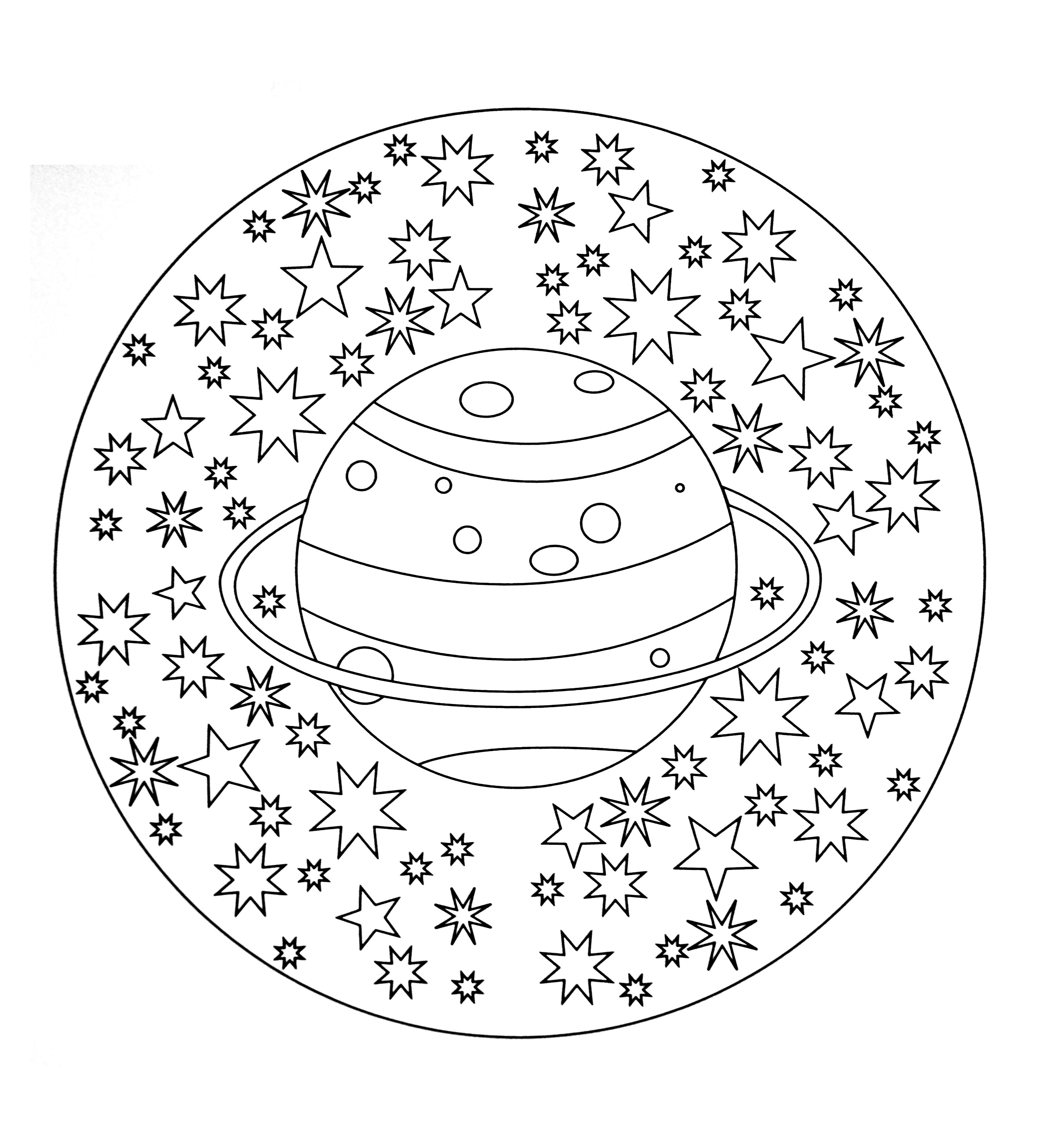 Wunderschönes Mandala, das den Planeten 'Saturn' mit einem schönen Sternenhimmel darstellt. Sehr einfach zum Ausmalen.