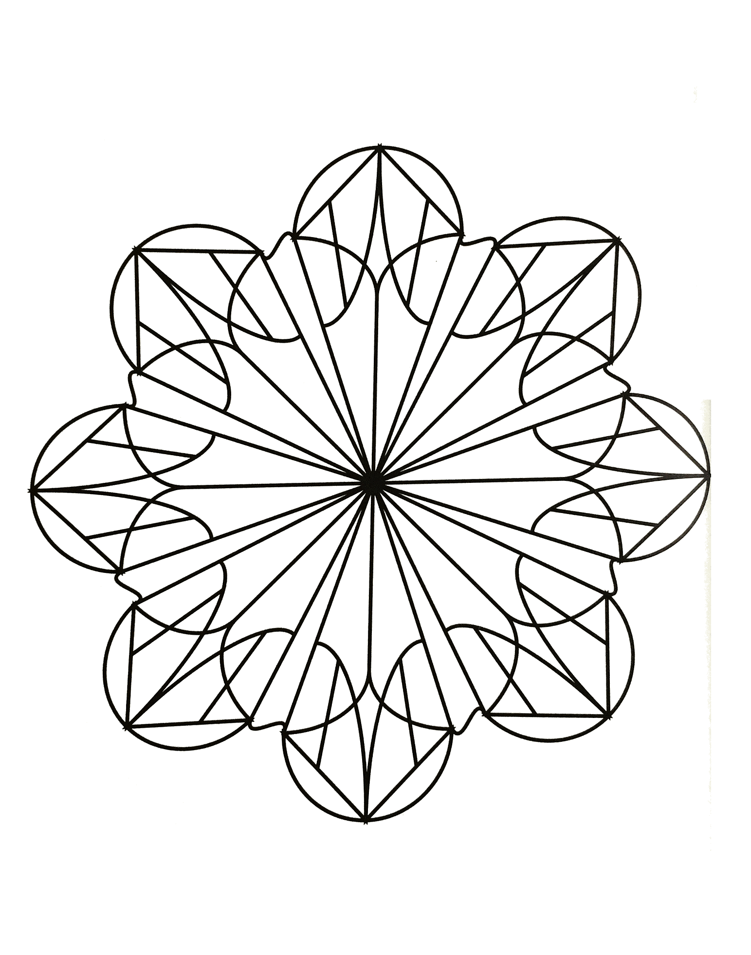 Ein sehr einfaches Ausmalbild von Mandala für die Jüngsten, niedriger Schwierigkeitsgrad. Große Flächen, die leicht auszufüllen sind.