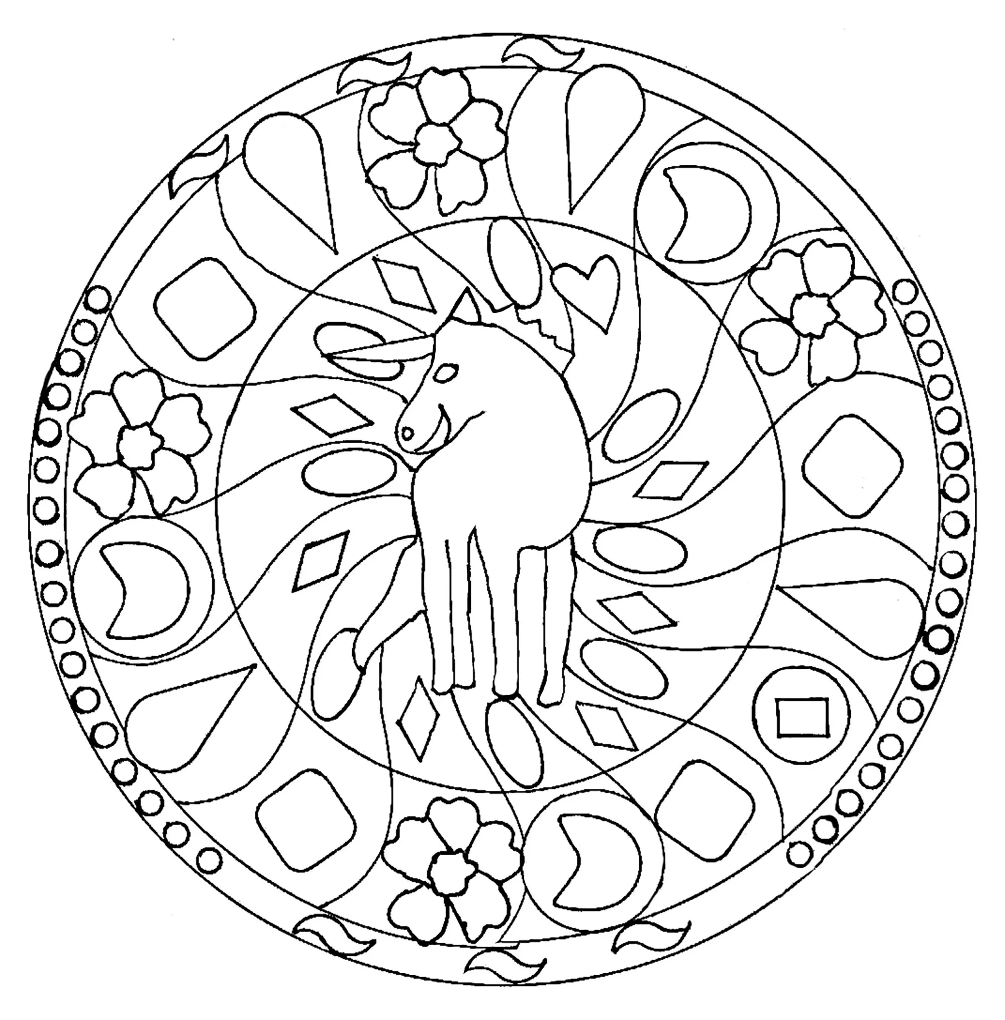 Einfaches Mandala licorne (Schwierigkeitsgrad Mandalas : Einfach (für Kinder))