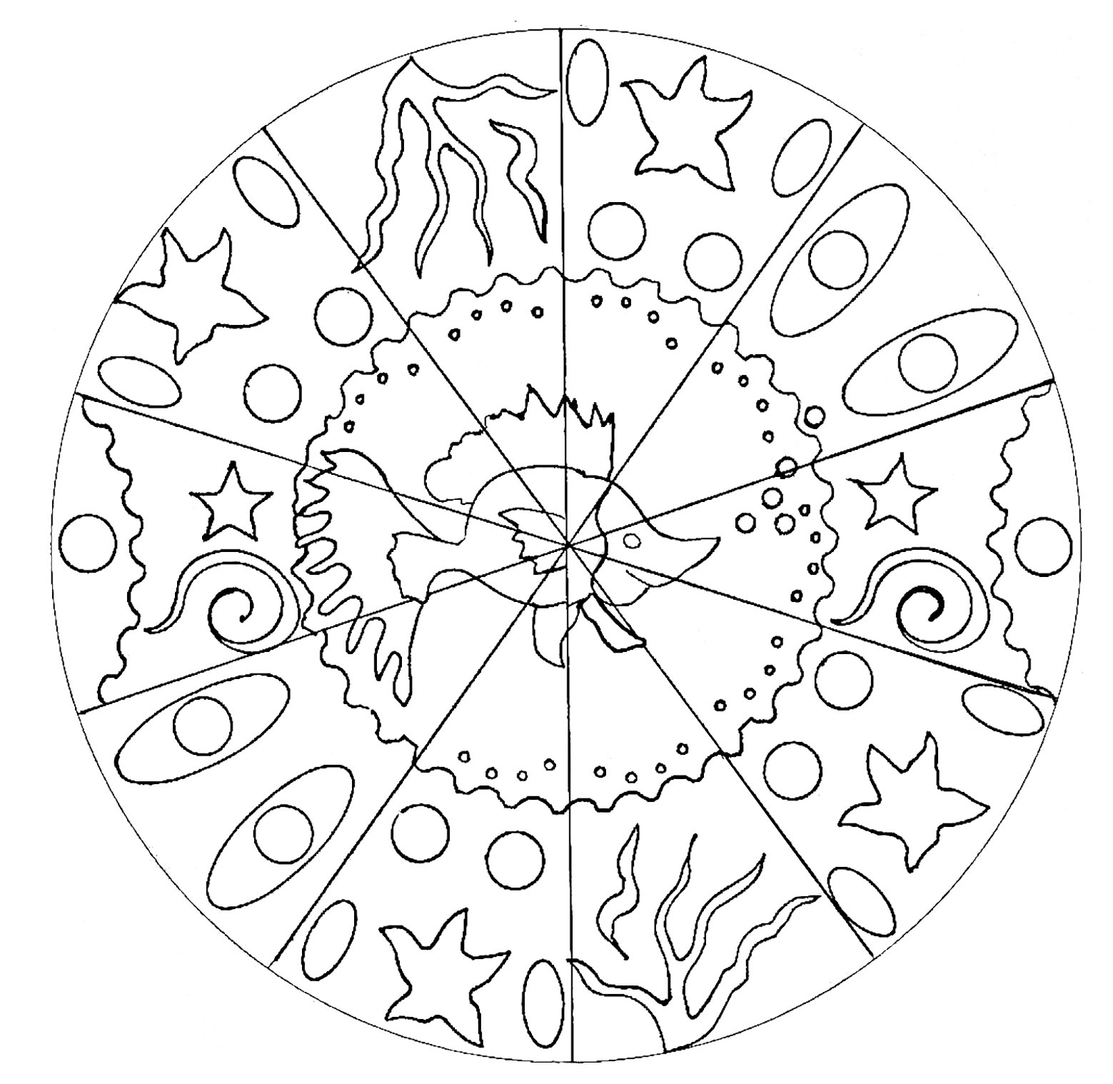 Ein Ausmalbild von Mandala für die Jüngsten, niedriger Schwierigkeitsgrad. In der Mitte ist ein hübscher Fisch