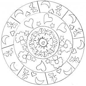 Schönes einfaches Mandala mit Herzen und Monden