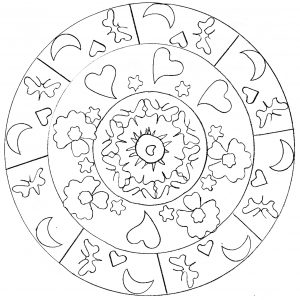 Schönes einfaches Mandala mit Herzen und Monden (Schwierigkeitsgrad Mandalas : Einfach (für Kinder))