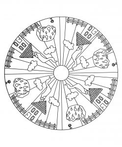 Mandala kleine Häuser und Bäume (Schwierigkeitsgrad Mandalas : Einfach (für Kinder))