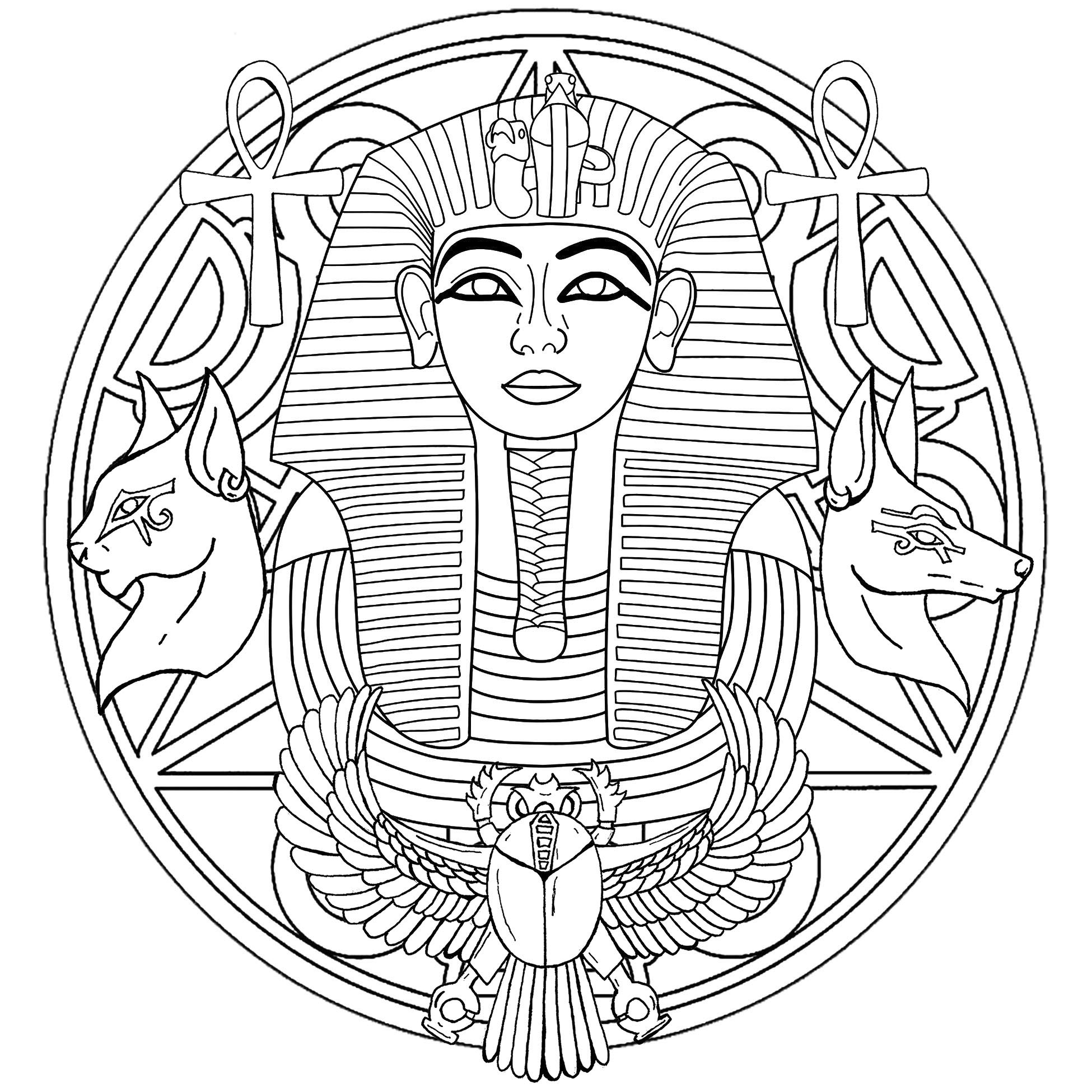 Die Maske des Tutanchamun ist gleichermaßen eine Ikone und ein Geheimnis. Hier ist ein Mandala mit dieser und verschiedenen ägyptischen Symbolen. Version 2