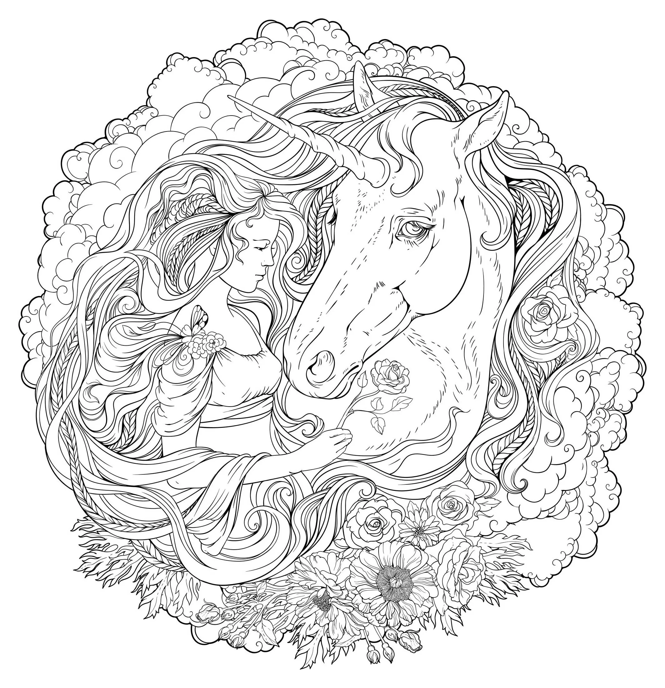 Mandala-mädchen-und-einhorn (Thematische Mandalas : Figuren)