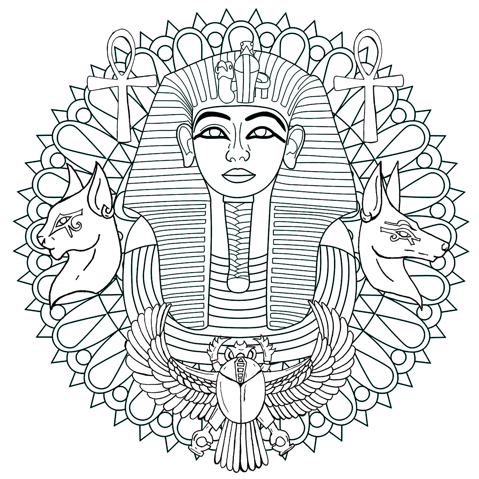 Die Maske des Tutanchamun ist gleichermaßen eine Ikone und ein Geheimnis. Hier ist ein Mandala mit dieser und verschiedenen ägyptischen Symbolen. Version 1