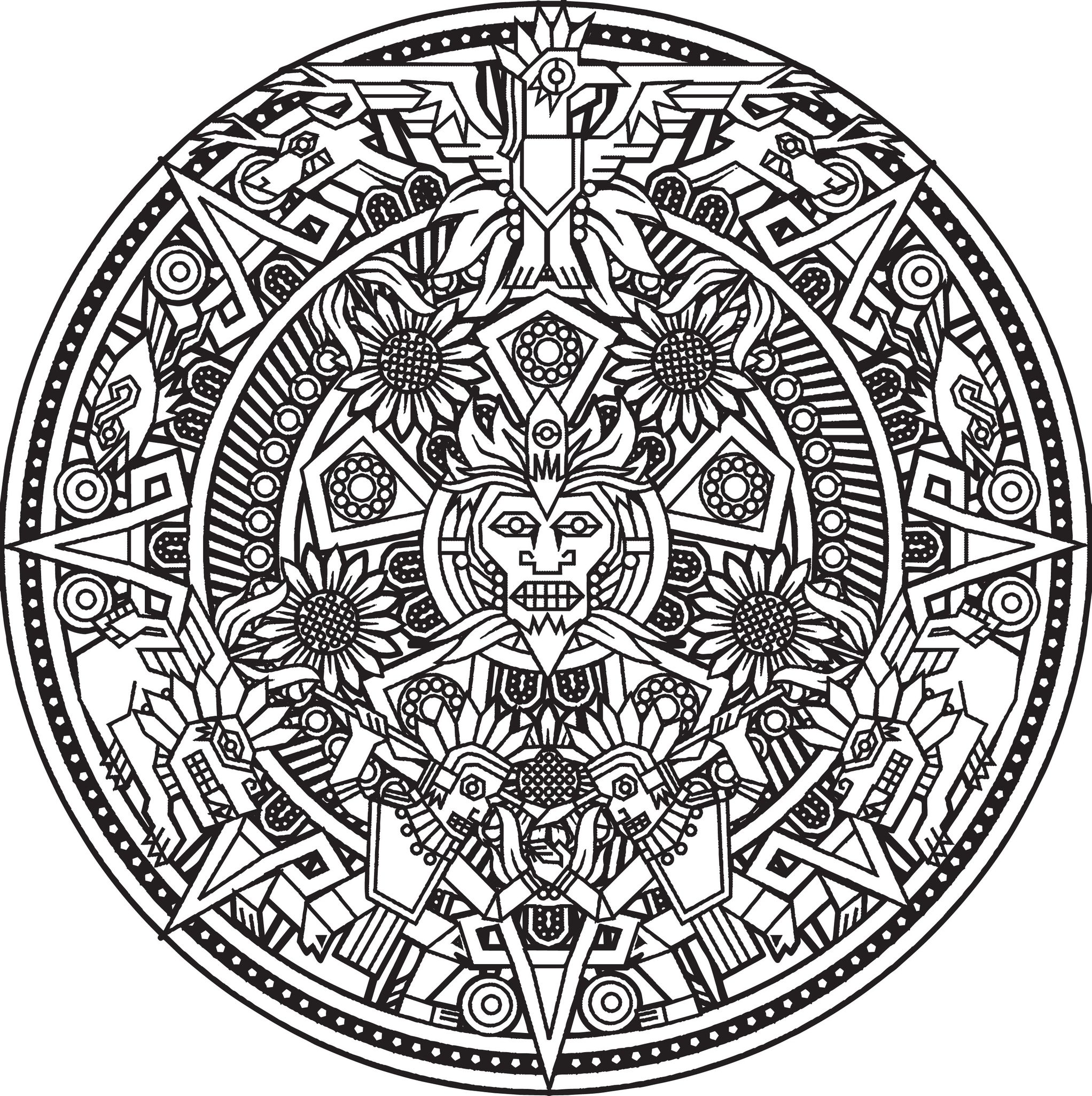 Ein aztekisches Mandala. Es liegt an Ihnen, die schönsten Farben zu finden, um es zum Leben zu erwecken.