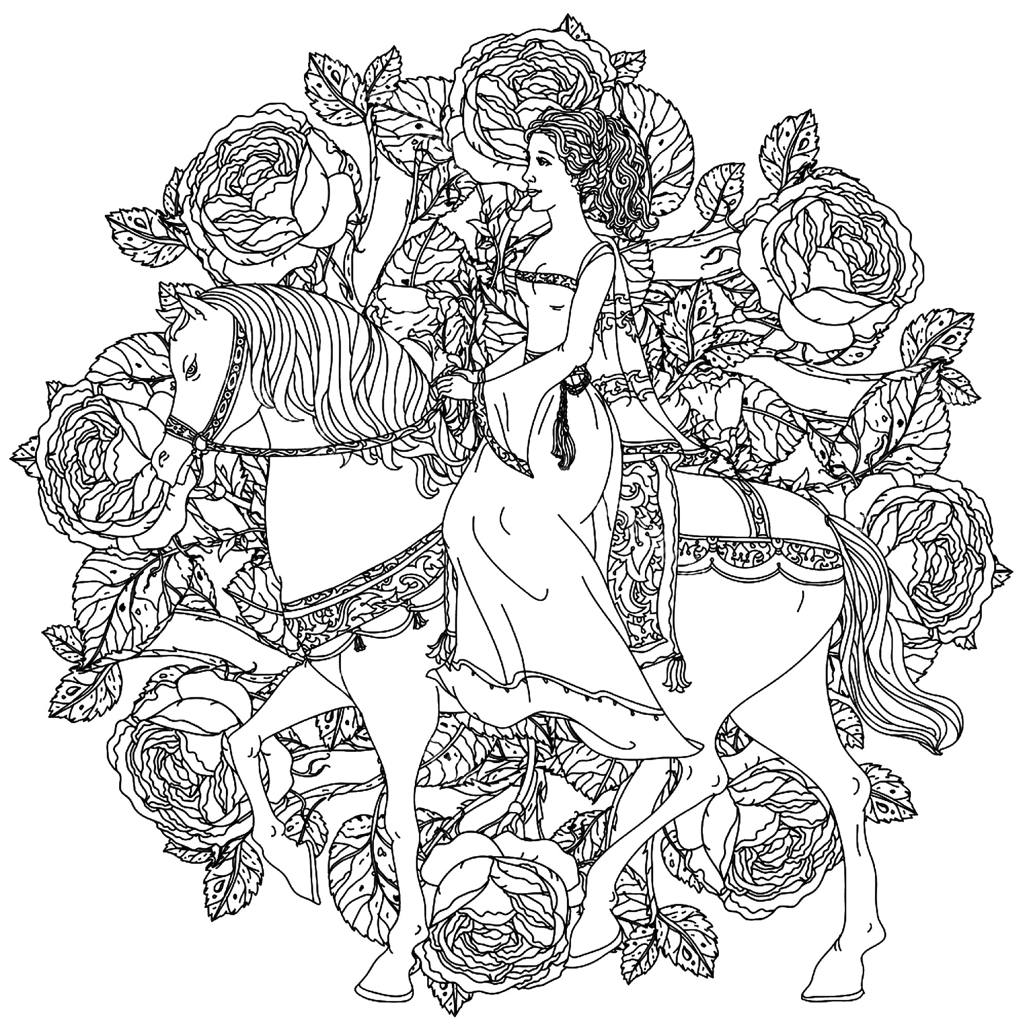 Eine Prinzessin, die ihr Pferd reitet, in einem wunderschönen Mandala aus Blumen