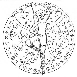 Eine hübsche Fee tanzt inmitten eines wunderschönen Mandalas. Holen Sie Ihre schönsten Filzstifte und Bleistifte hervor (Thematische Mandalas : Figuren)