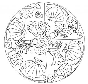 Hübsche Meerjungfrau inmitten eines Mandalas. Welche Farben werden Sie verwenden? (Thematische Mandalas : Figuren)
