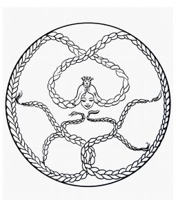 Mandala mit Prinzessin Rapunzel und ihrer berühmten Haarpracht (Thematische Mandalas : Figuren)