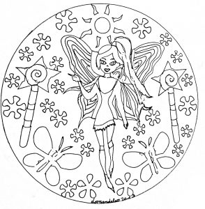 Kleine Fee zum Ausmalen inmitten eines Mandalas. Es liegt an Ihnen, sie mit Ihren schönsten Farben zum Leben zu erwecken (Thematische Mandalas : Figuren)
