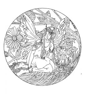 Elf inmitten eines Mandalas. Es liegt an dir, die schönsten Farben zu finden, um es zum Leben zu erwecken (Thematische Mandalas : Figuren)