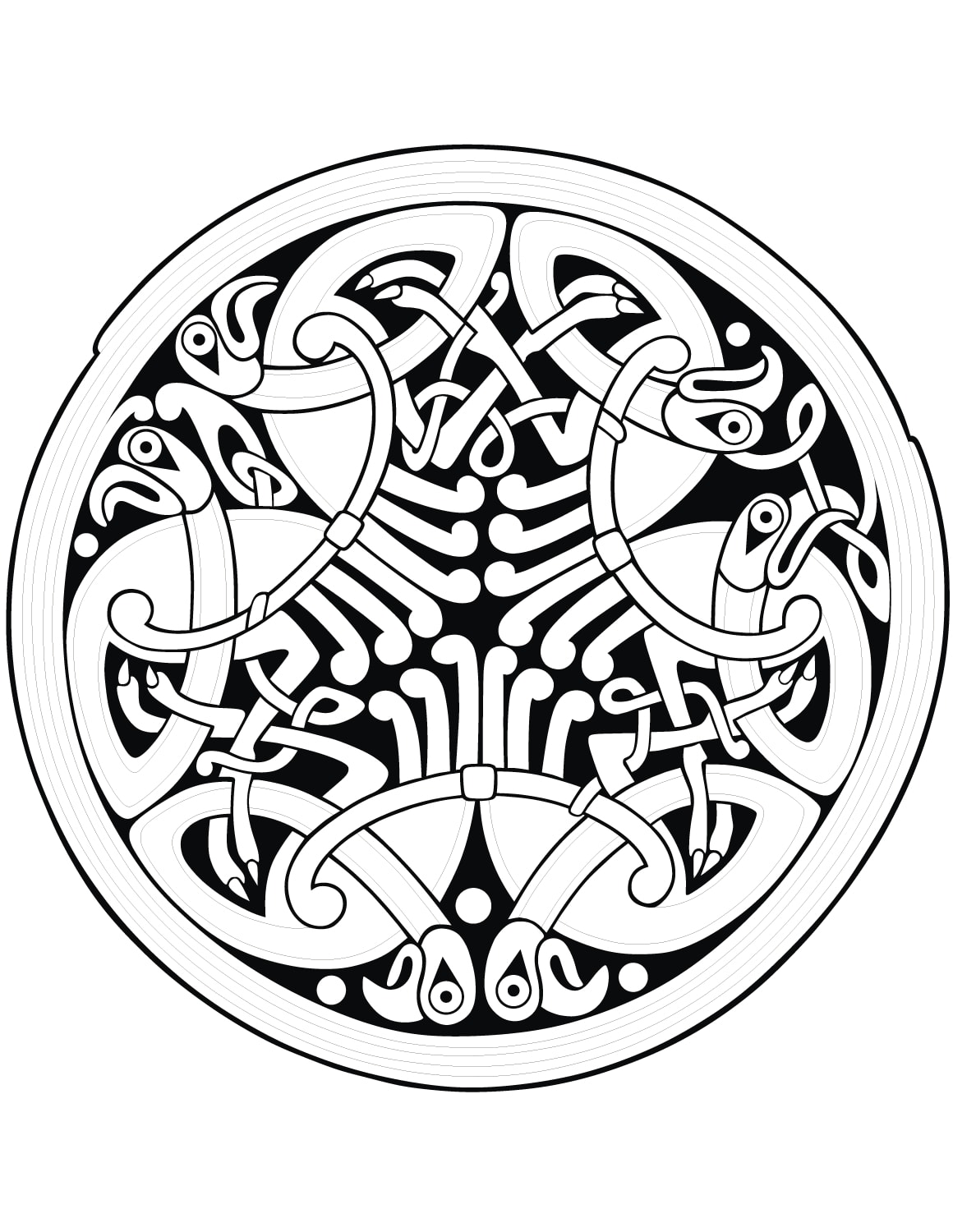 Ein nicht alltägliches Mandala mit keltischen Formen, mit dem Sie eine schöne Zeit beim Ausmalen verbringen können, ohne sich das Leben mit dem Ausmalen winziger Flächen zu erschweren.
