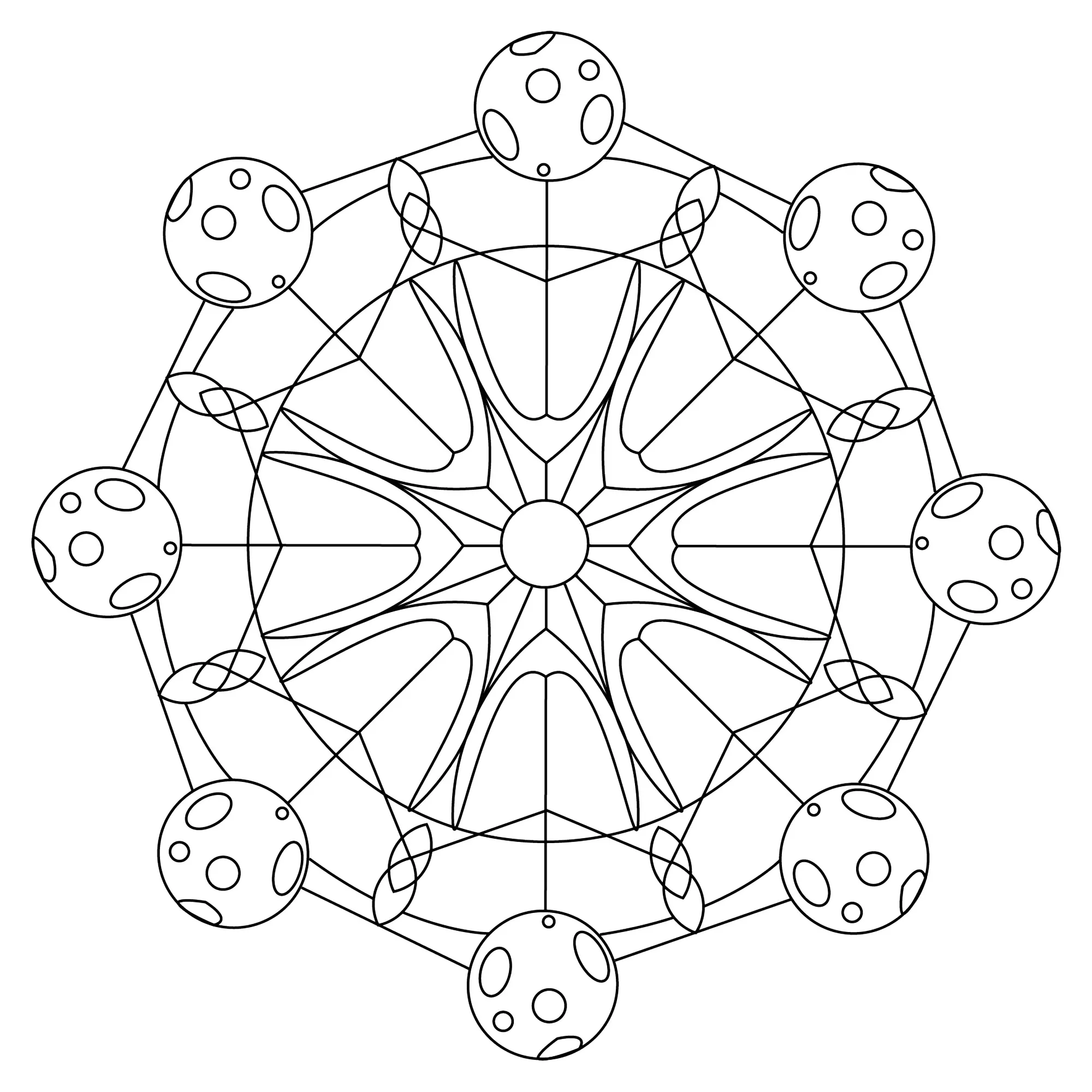 Die Sonne und der Mond in einem Mandala (Schwierigkeitsgrad Mandalas : Normal)