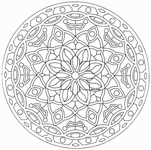 Sehr schönes Mandala vom Typ 'orientalisches Mosaik', ziemlich blumig mit verschiedenen geometrischen Formen (Kreis, Rauten...). Niveau Normal.