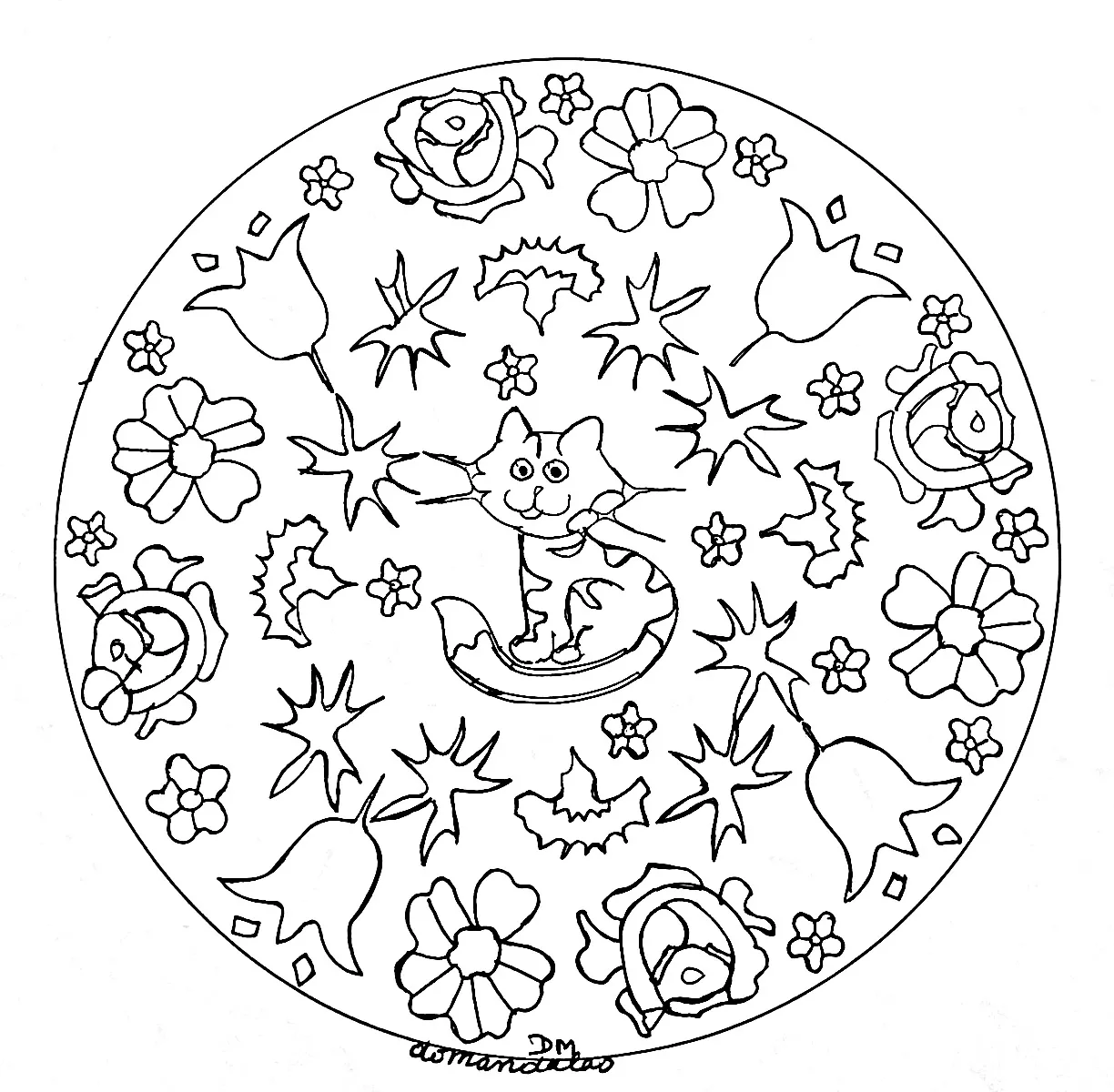 Mandala Katze & Blumen (Schwierigkeitsgrad Mandalas : Normal)