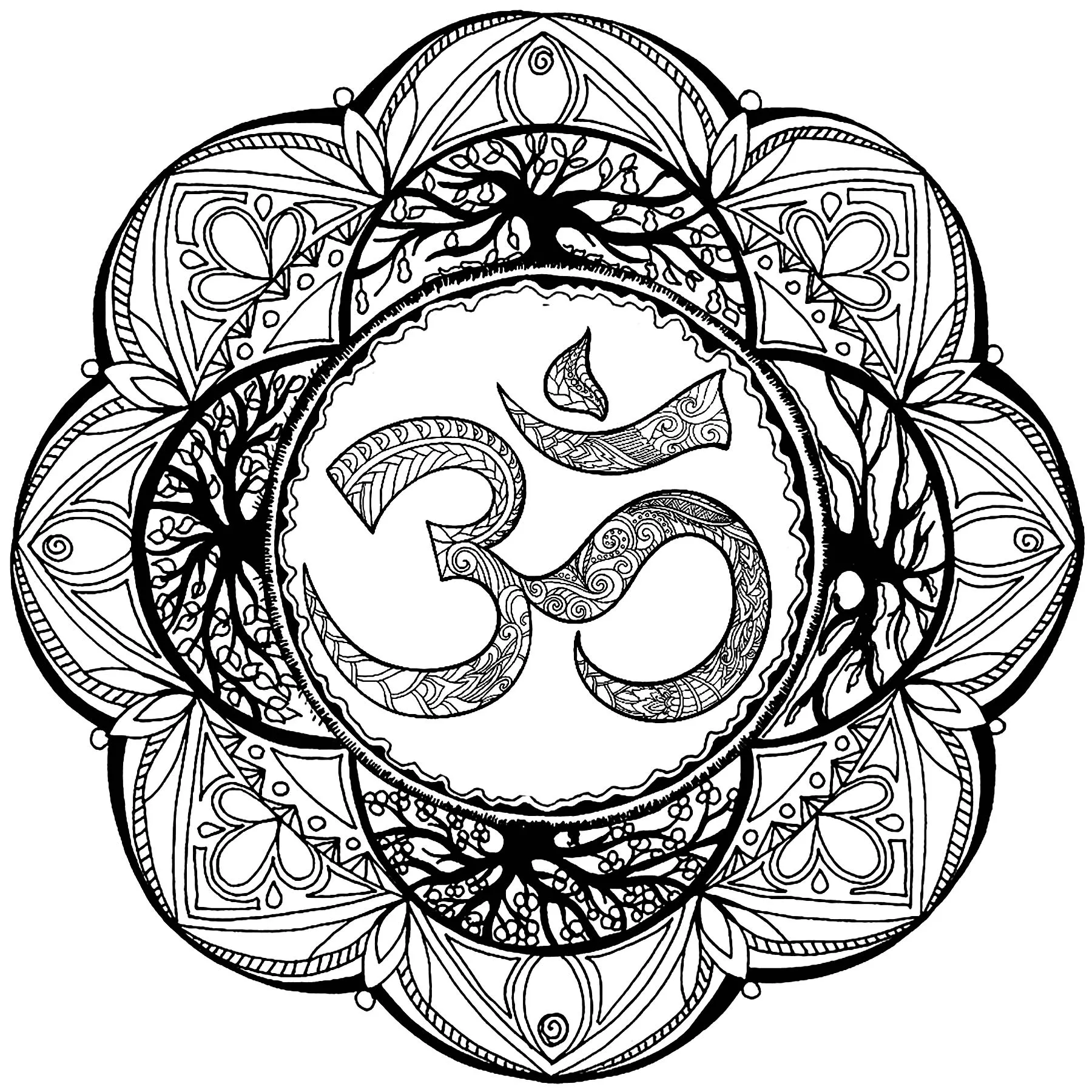 Symbol "Om" in einem komplexen Mandala (Schwierigkeitsgrad Mandalas : Normal)
