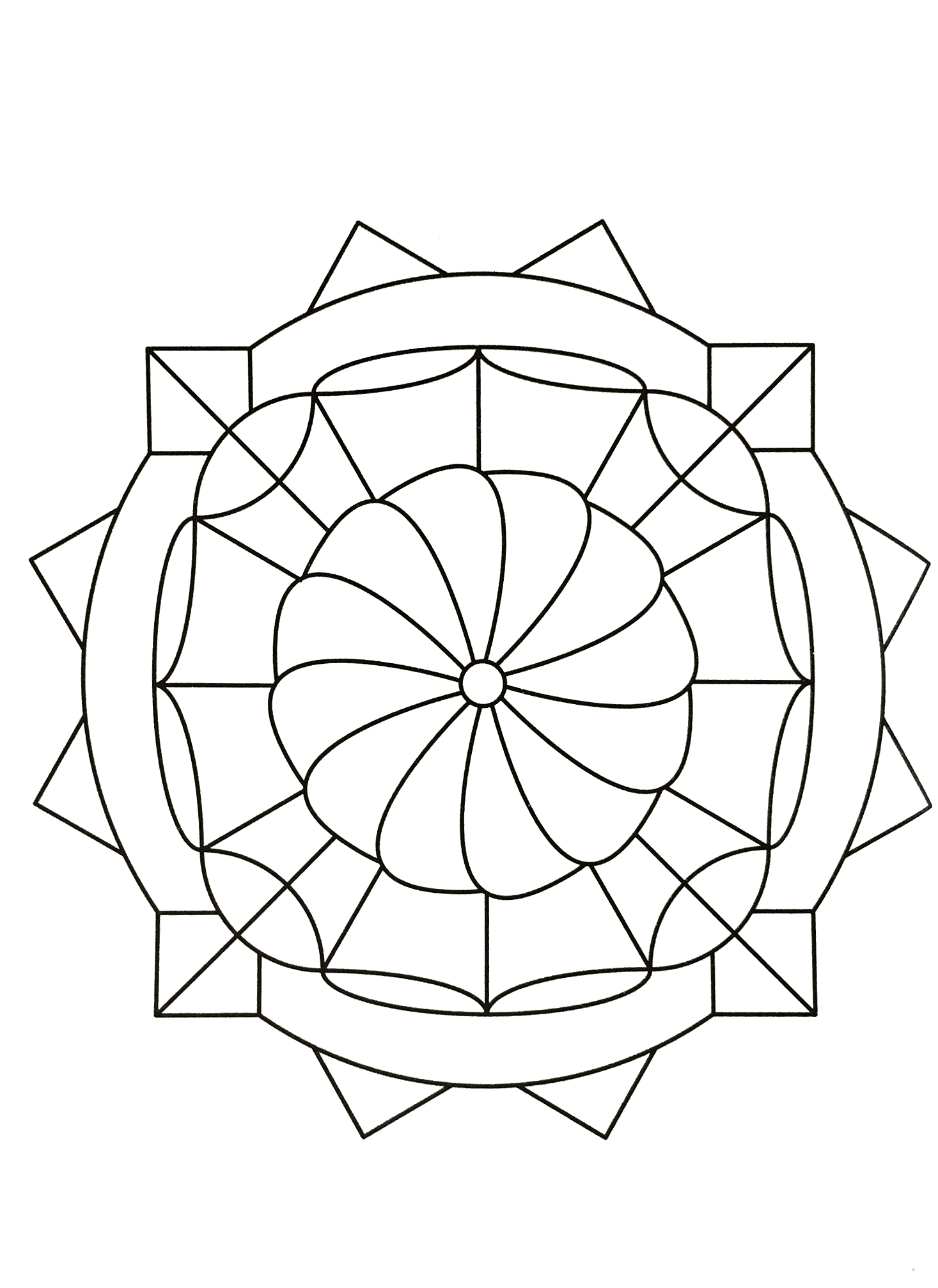 Erhabenes symmetrisches Mandala mit einer sehr schönen Form, die den Eindruck einer wunderschönen Blume vermittelt. Sehr einfach auszumalen.