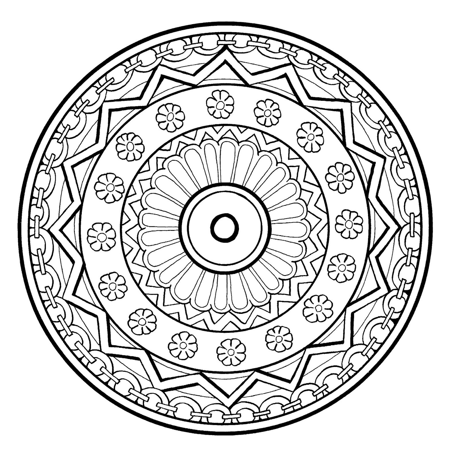Wunderschönes Mandala mit Spirale, ziemlich blumig, in dem verschiedene Elemente wie Blumen, geometrische Formen oder auch Ketten rundherum abgebildet sind. Normales Niveau.
